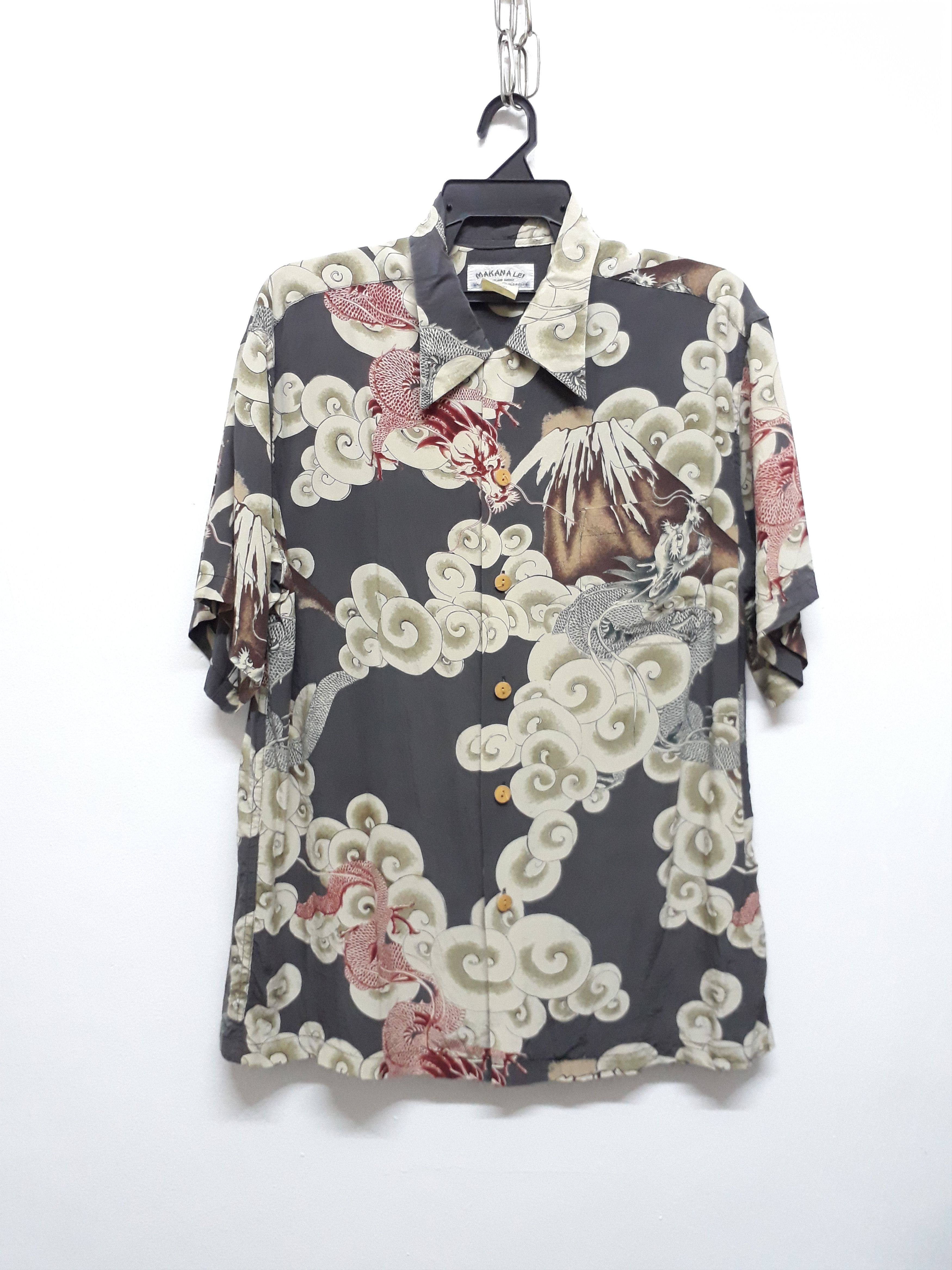 image of Makana Lei 100% Silk Dragon Japanese Hawaiian Shirt in Grey, Men's (Size Medium)