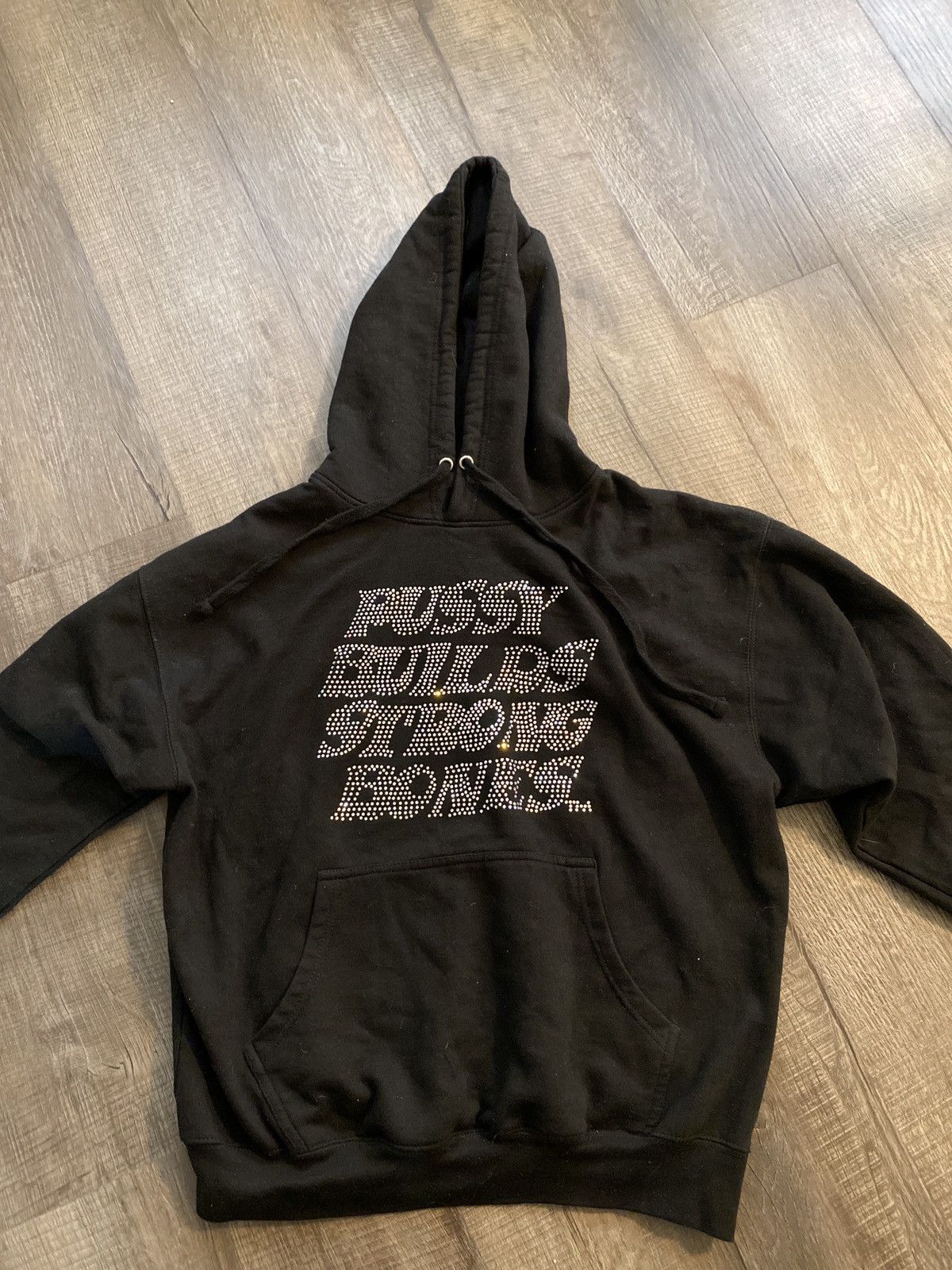 LaRopa Pussy Builds Strong Bones Rhinestone Hoodie | Grailed