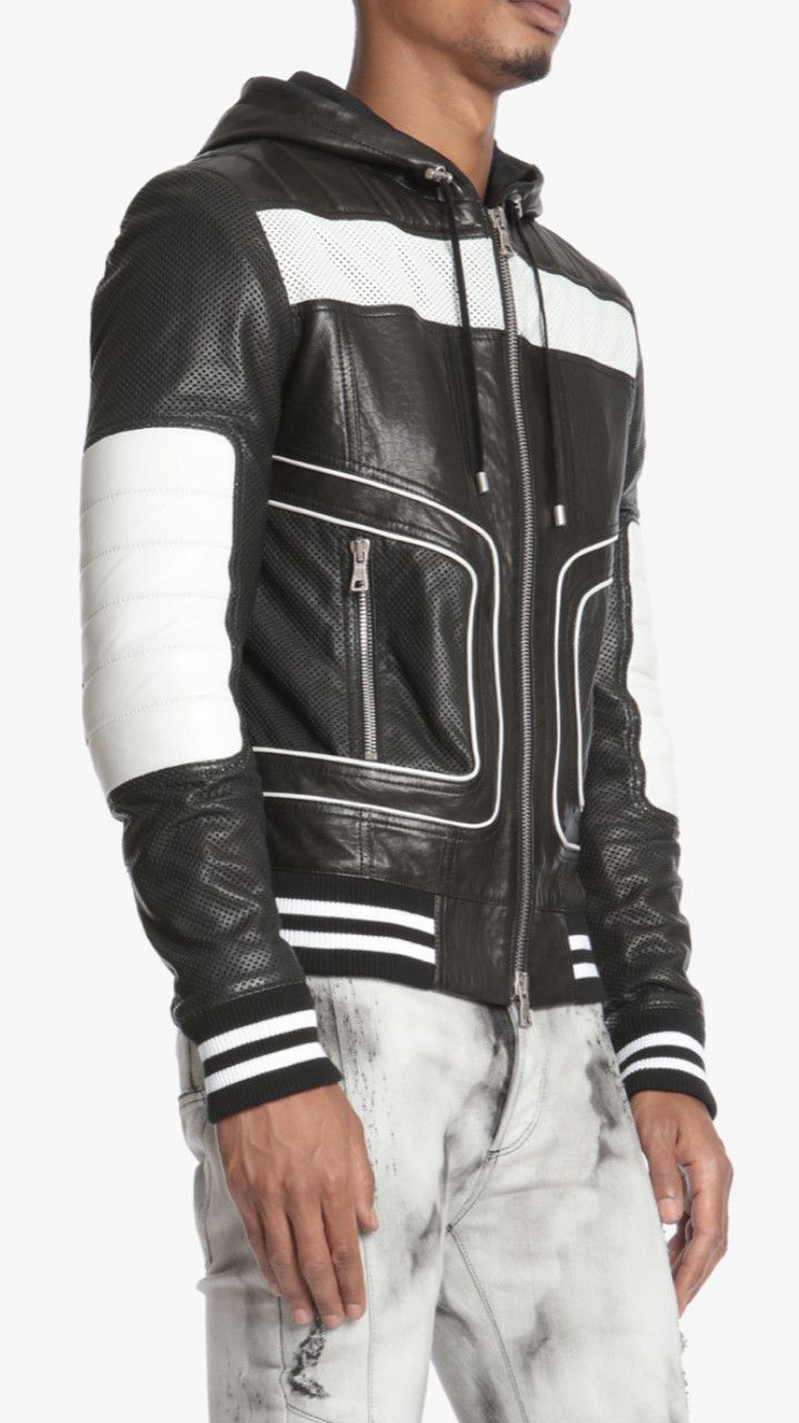 Balmain colour-block hooded biker jacket