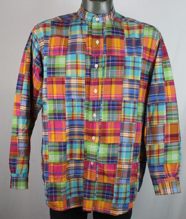 Vintage Brooks Brothers Patchwork Madas Plaid No Collar Shirt