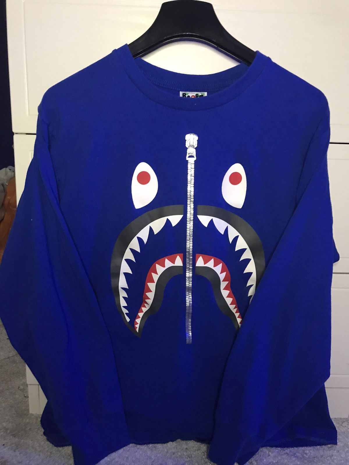 Bape Blue Sad Shark Face Long Sleeved Bape T Shirt Grailed