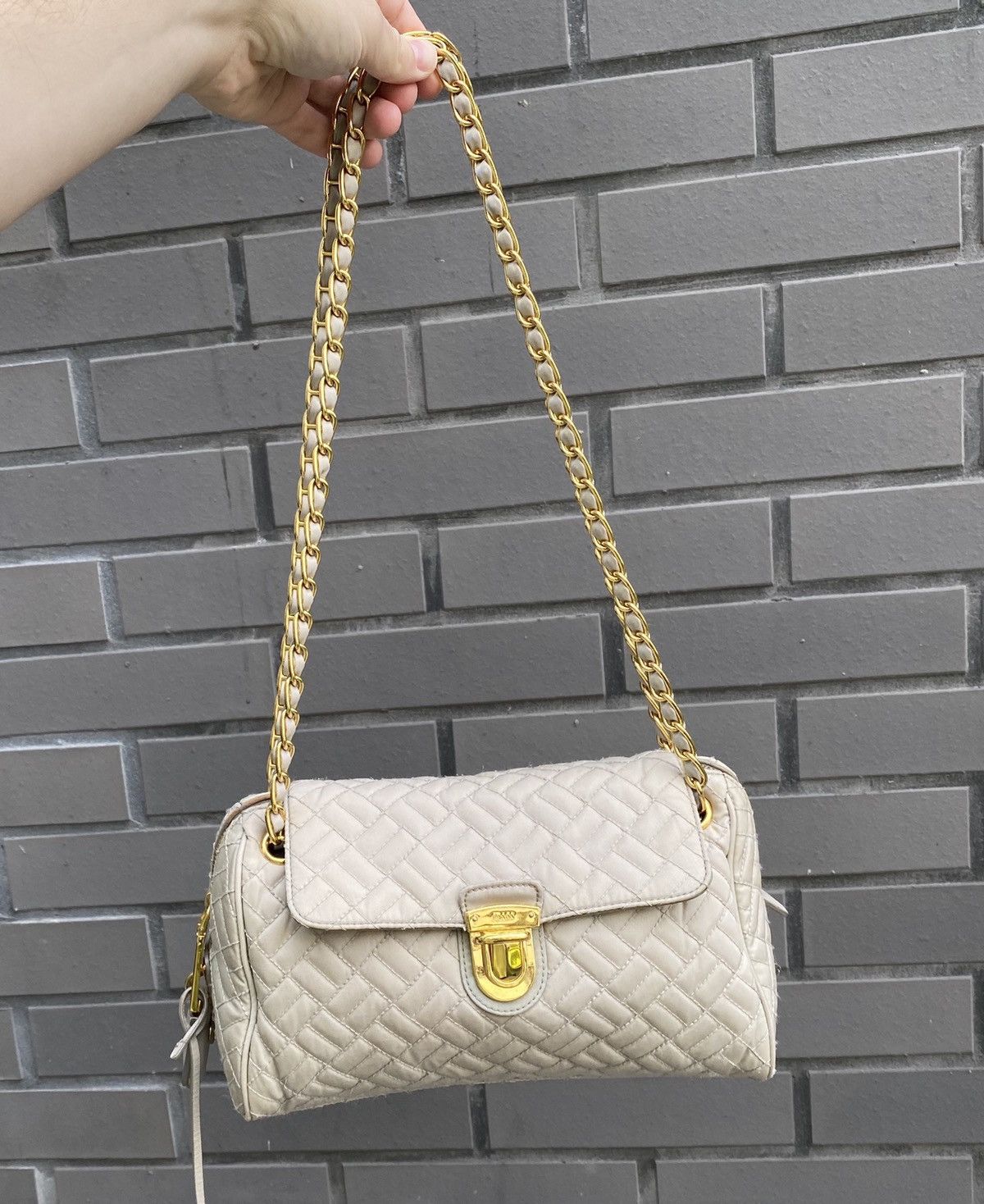 PRADA Quilted Tessuto Nylon Chain Falp Bag vintage beige