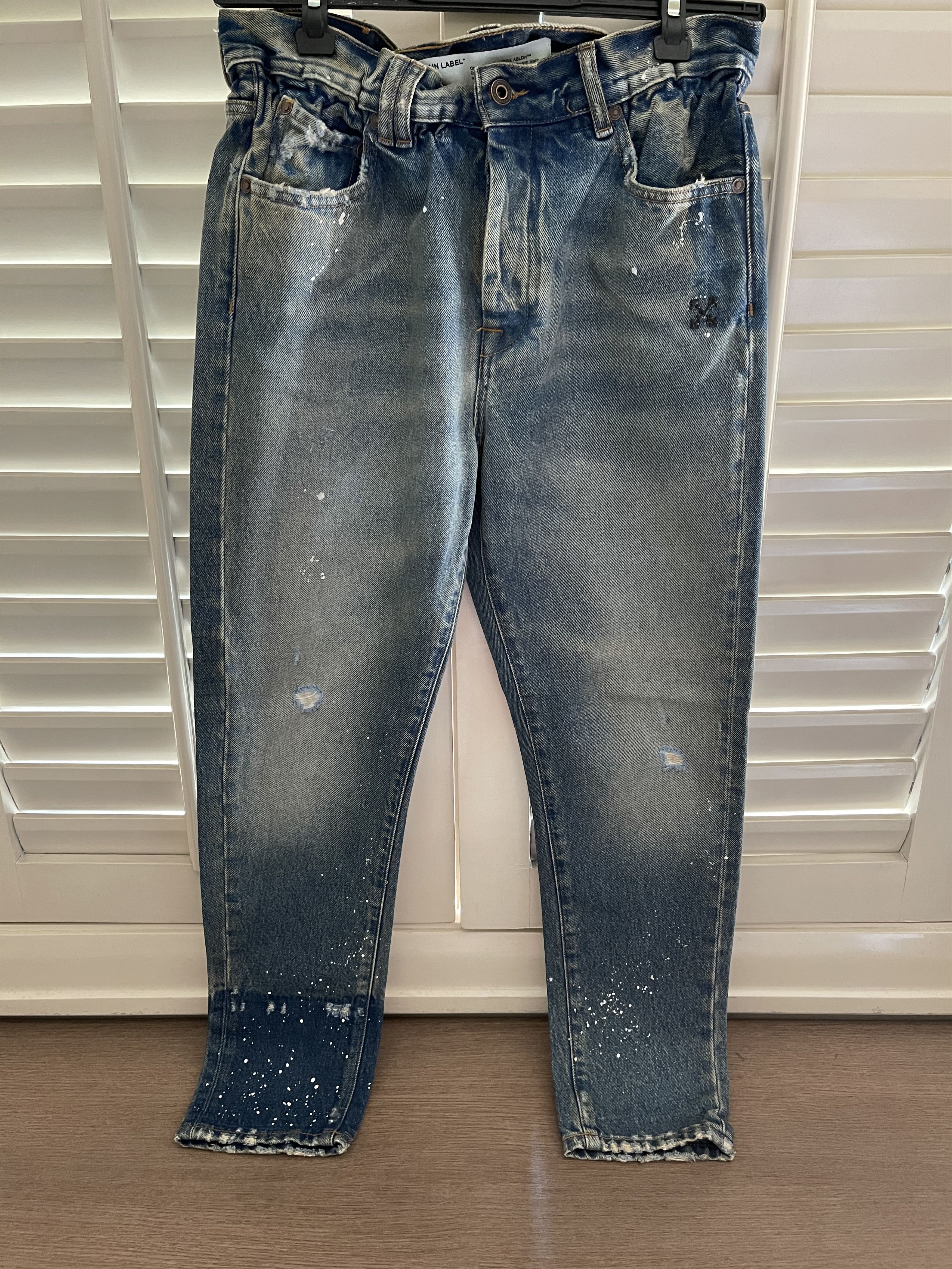 image of Off White Off-White Distressed Paint Splatter Patchwork Denim in Blue, Men's (Size 30)