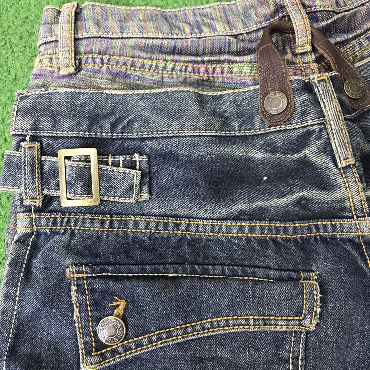 Japanese Brand Gumu Denim Double Waist Jeans Multicolour Stitch PPFM Size US 31 - 14 Thumbnail