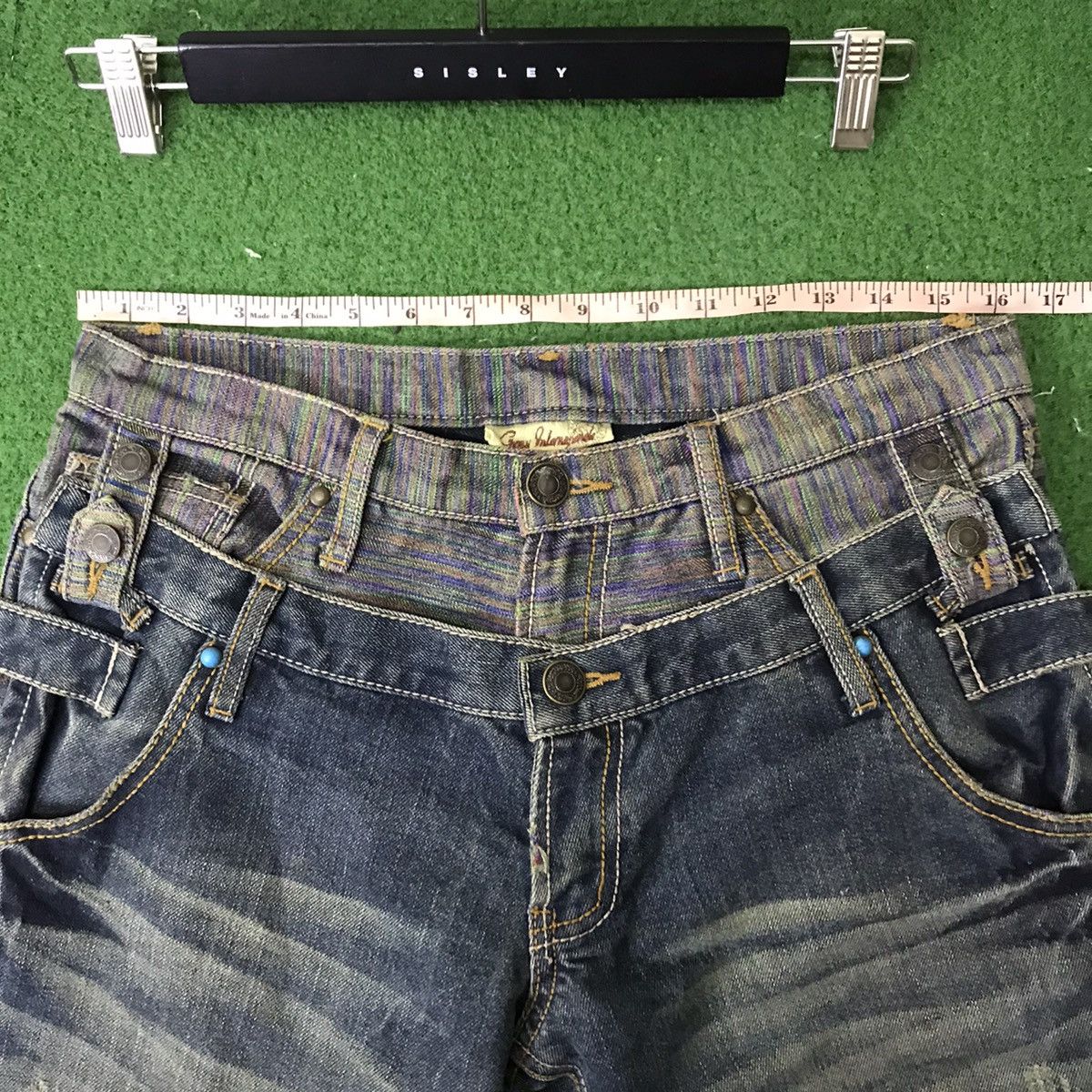 Japanese Brand Gumu Denim Double Waist Jeans Multicolour Stitch PPFM Size US 31 - 16 Thumbnail