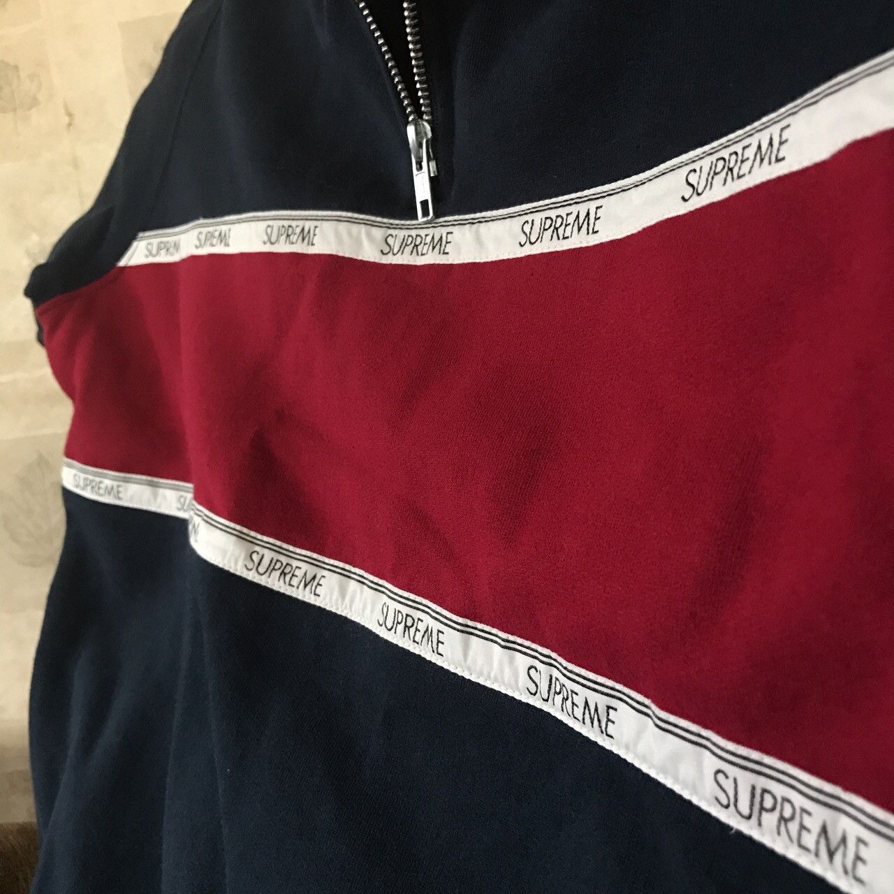 Supreme logo Tape Stripe Half Zip Sweat | Grailed