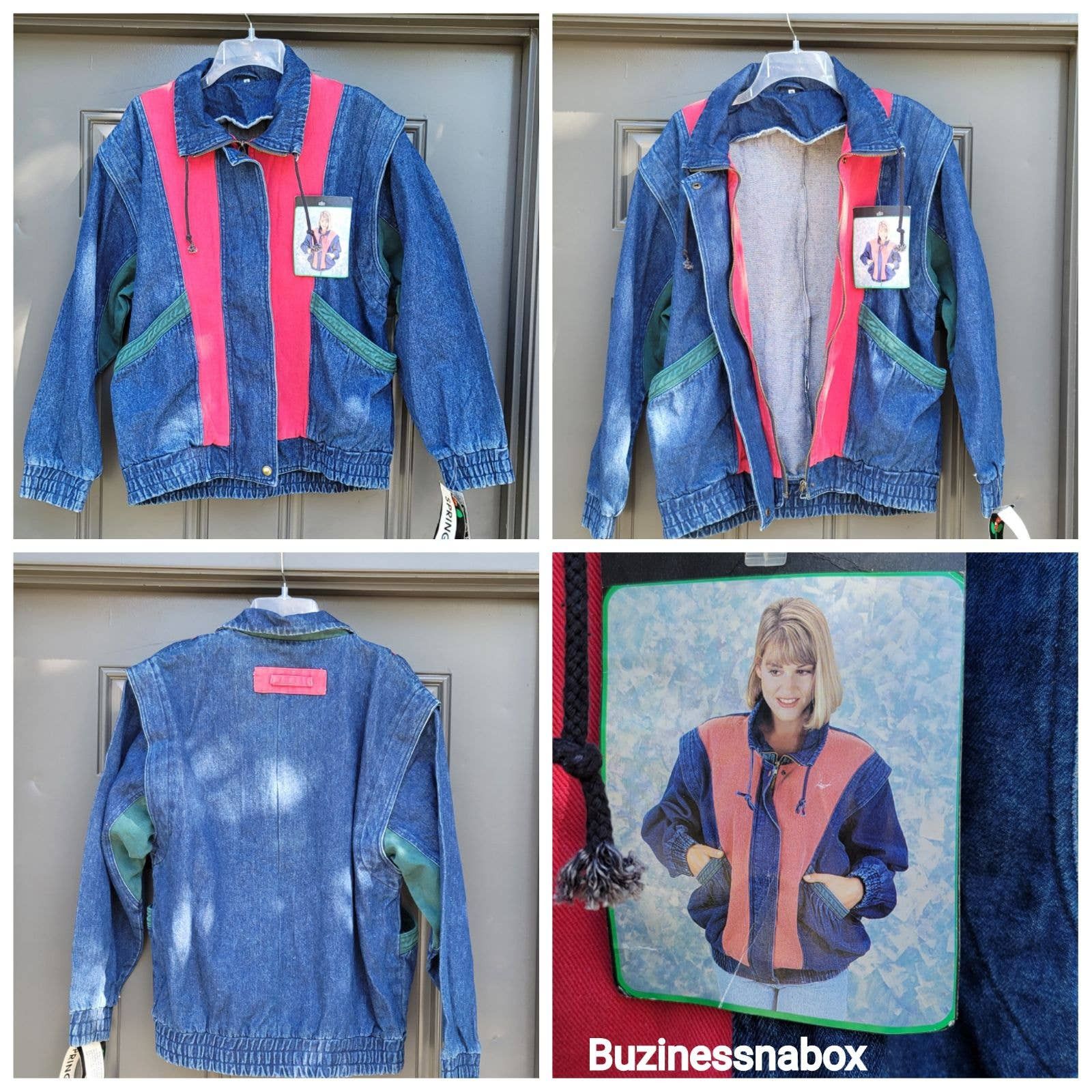 Vtg 90s Denim Color Block Bomber Jacket