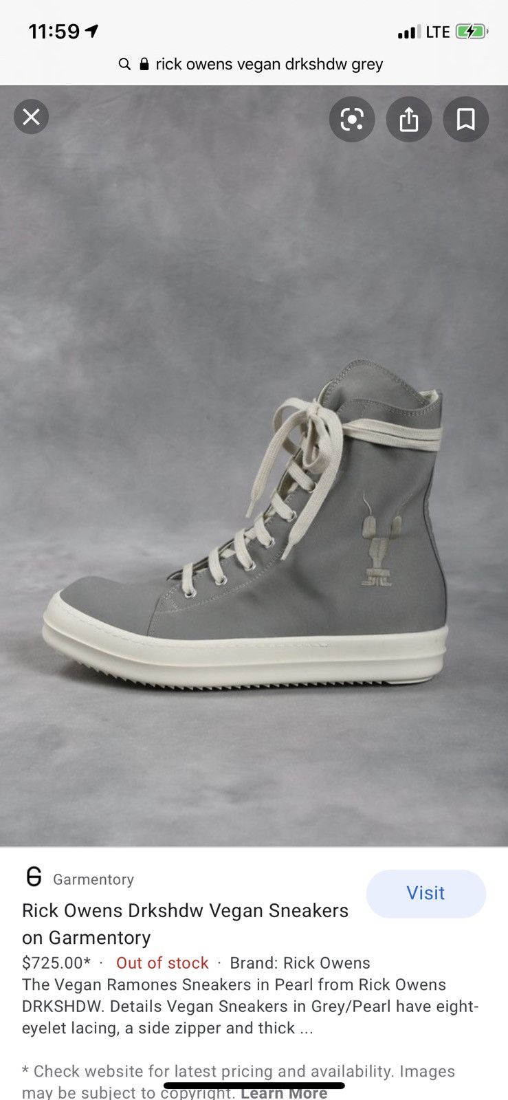 Rick Owens Rick Owens DRKSHDW Ramones High Vegan Canvas Grey Gray 