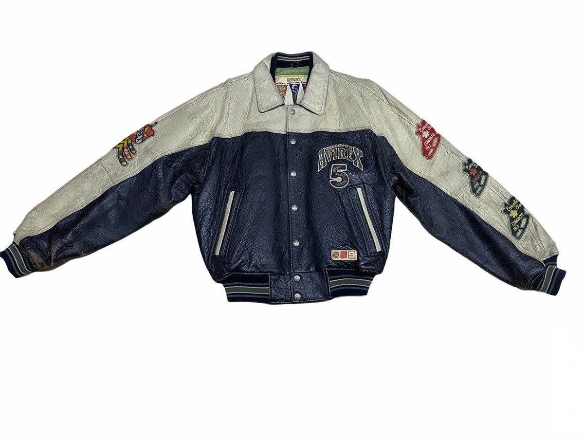 VTG 90s AVIREX ALASKAN WILD BEARS LEATHER VARSITY BOMBER