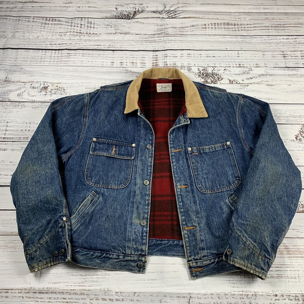 Vintage Polo Ralph Lauren Flannel Lined online Denim Trucker Jacket Size Large Blue.