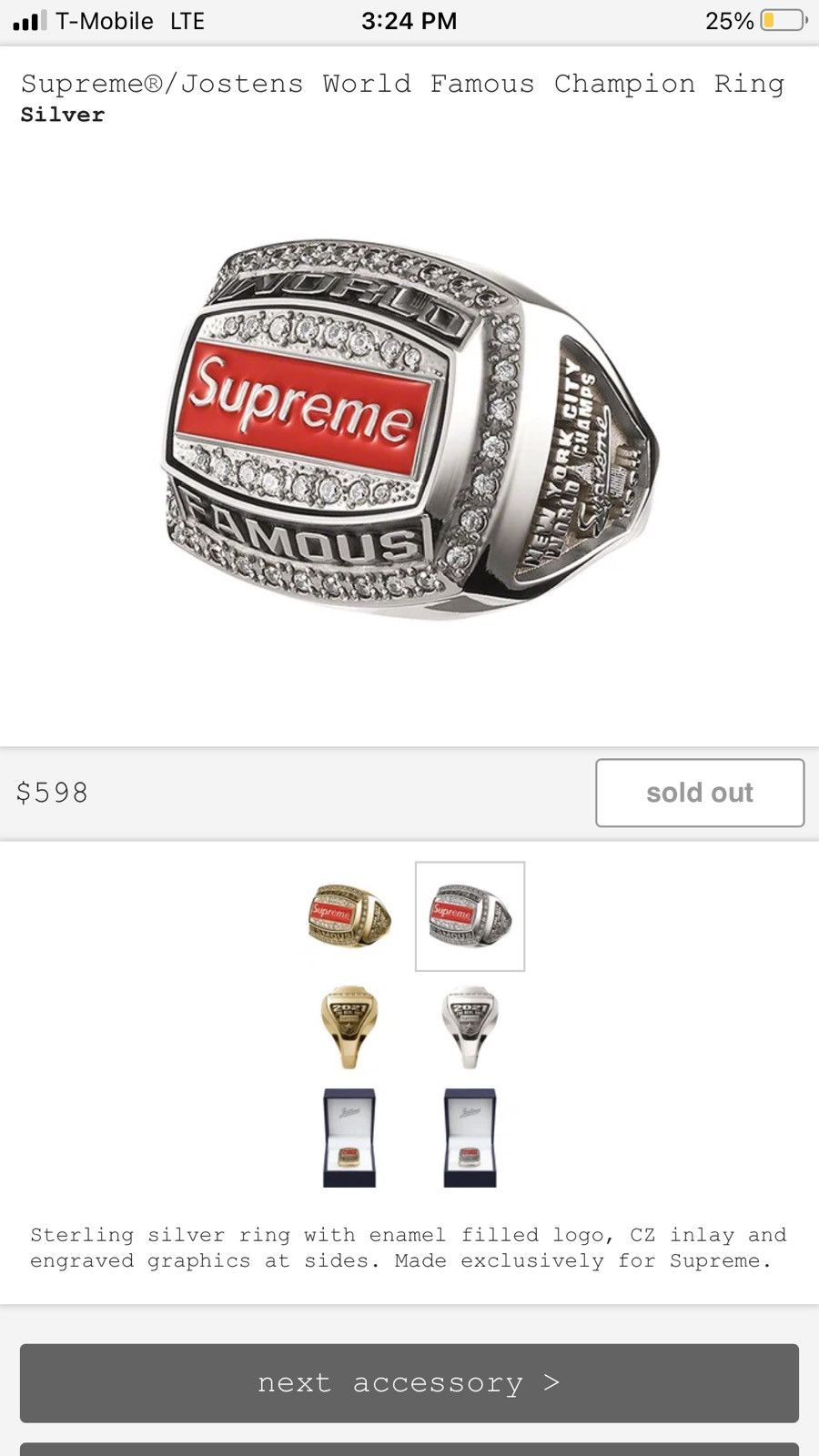 Supreme / Jostens World Famous Championship Ring 24K GOLD Layered Sterling  Sz 10