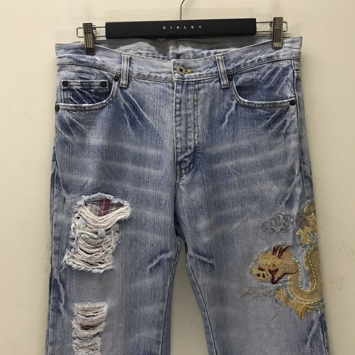 Karakuri Tamashii Japanese Sukajan Dragon Distressed Denim embroidery Jeans Size US 33 - 6 Thumbnail