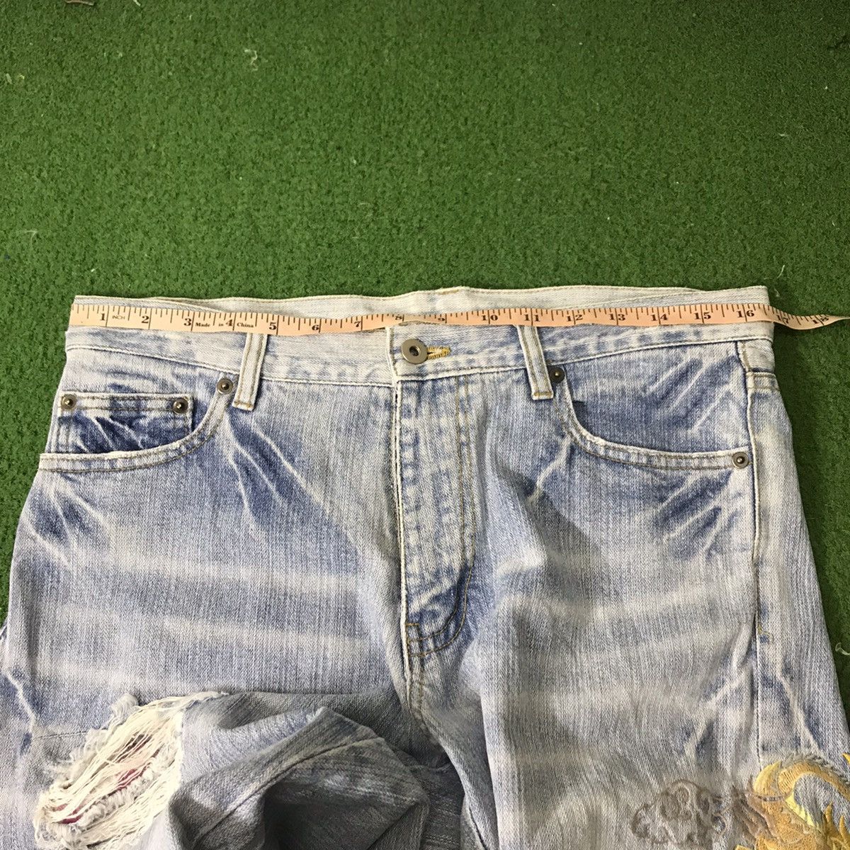 Karakuri Tamashii Japanese Sukajan Dragon Distressed Denim embroidery Jeans Size US 33 - 16 Thumbnail