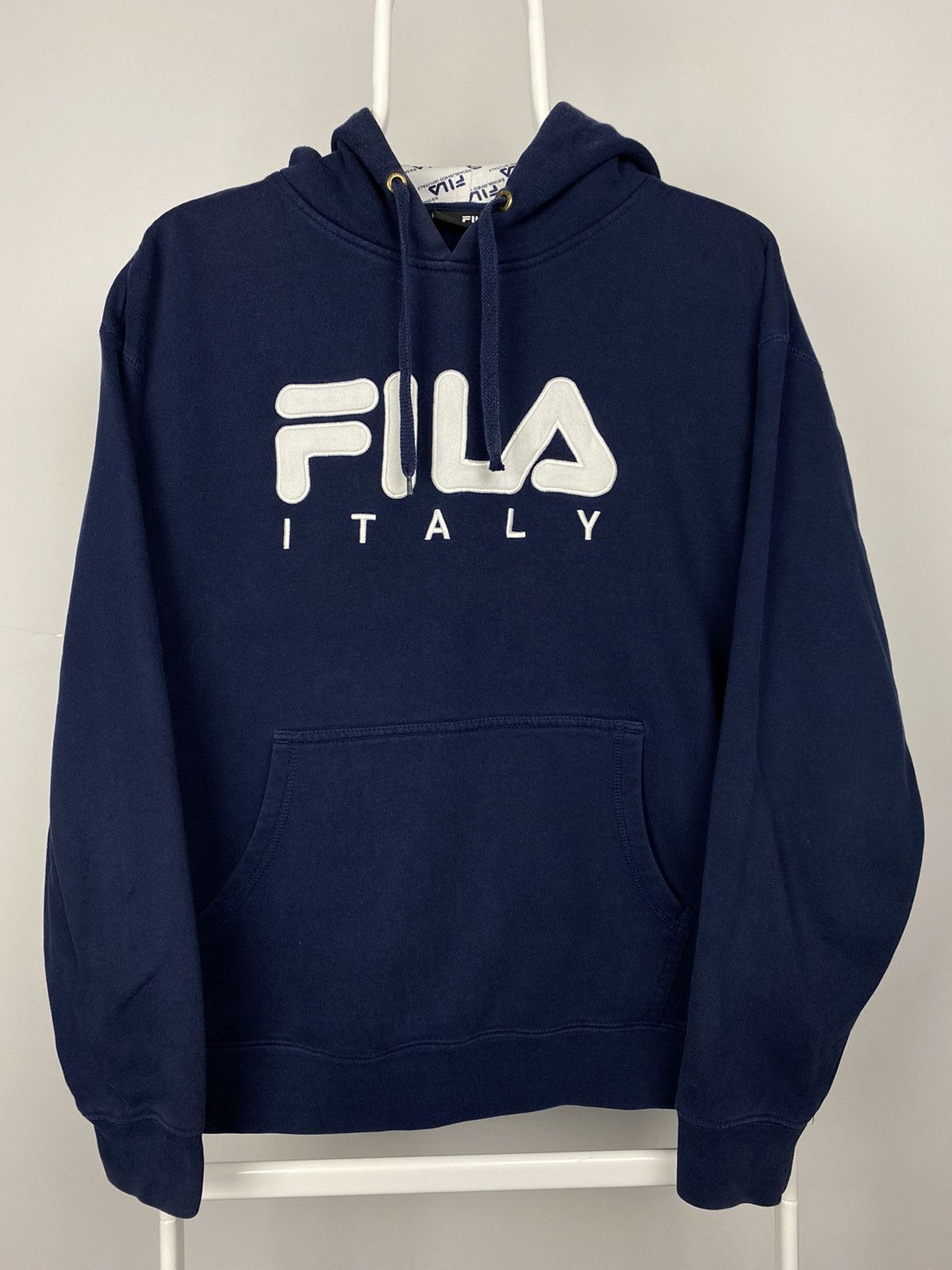 Vintage Fila Big Spell Out Hoodie Navy 90s center logo