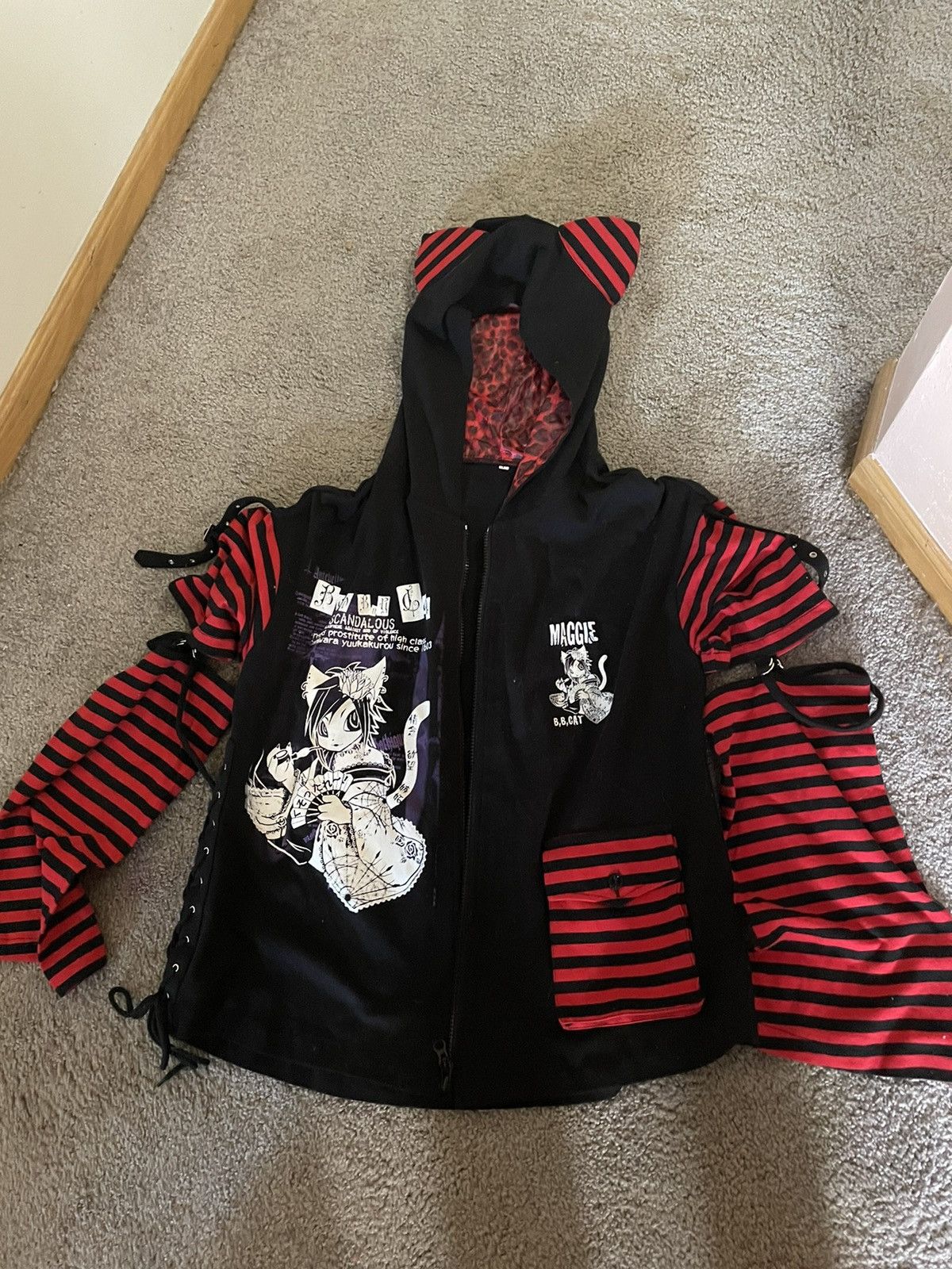 Japanese Brand Maris rock red stripped cat ear hoodie | Grailed