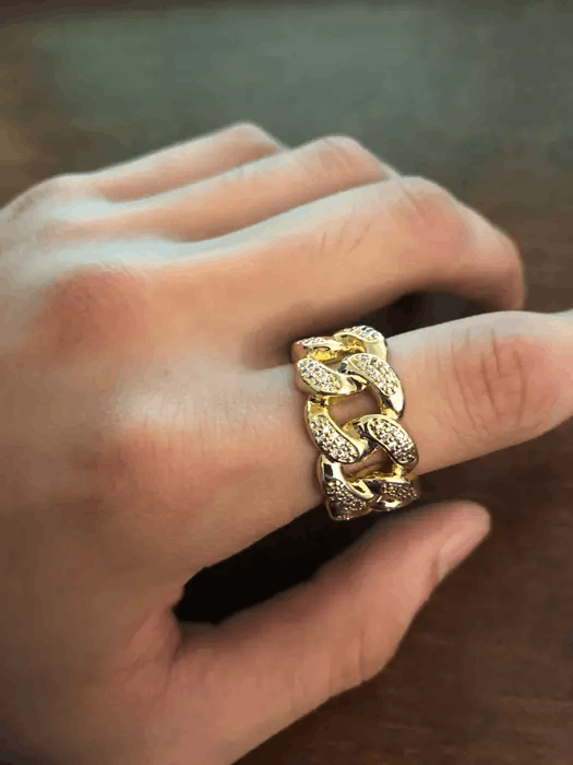 Jewelry 14k Gold Diamond Iced Out Cuban Link Ring Size ONE SIZE - 2 Thumbnail