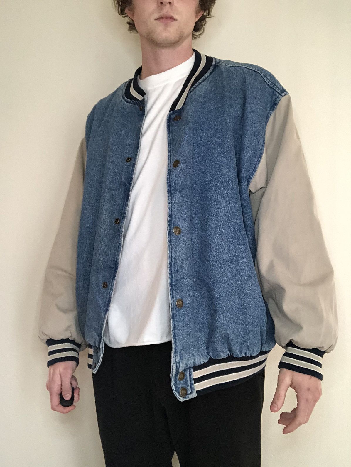Khaki Cotton Varsity Jacket Vintage Washed Denim Varsity Jacket
