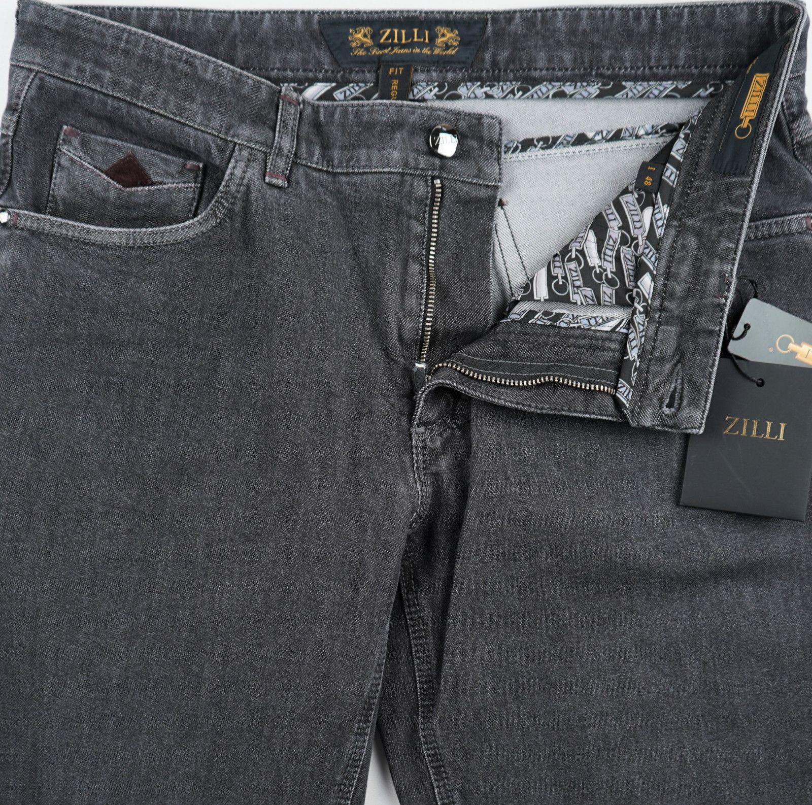Jean Zilli Gris Avec Inserts Velours Veau Daim - Taille 48 EU / 32x31 US - Neuf Avec étiquettes - Luxe Italien