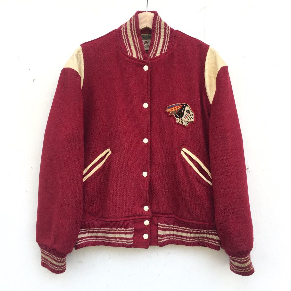 Vintage Vintage Red Indian Varsity Jacket Leather Shoulder | Grailed