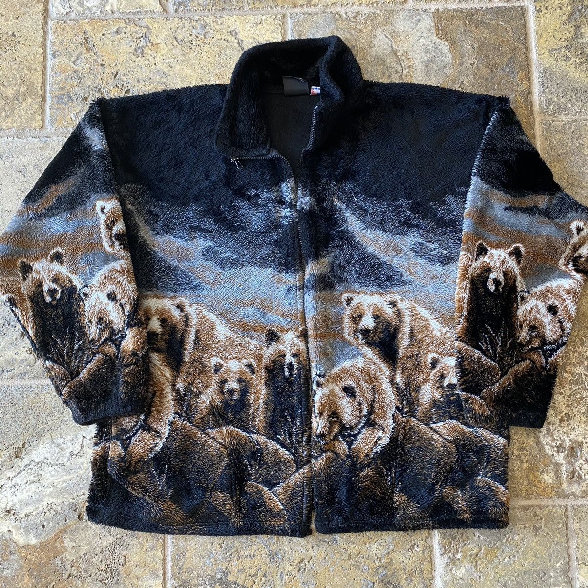 Vintage 90s Mazmania Grizzly Bear Fuzzy Fleece All Over USA Jacket 