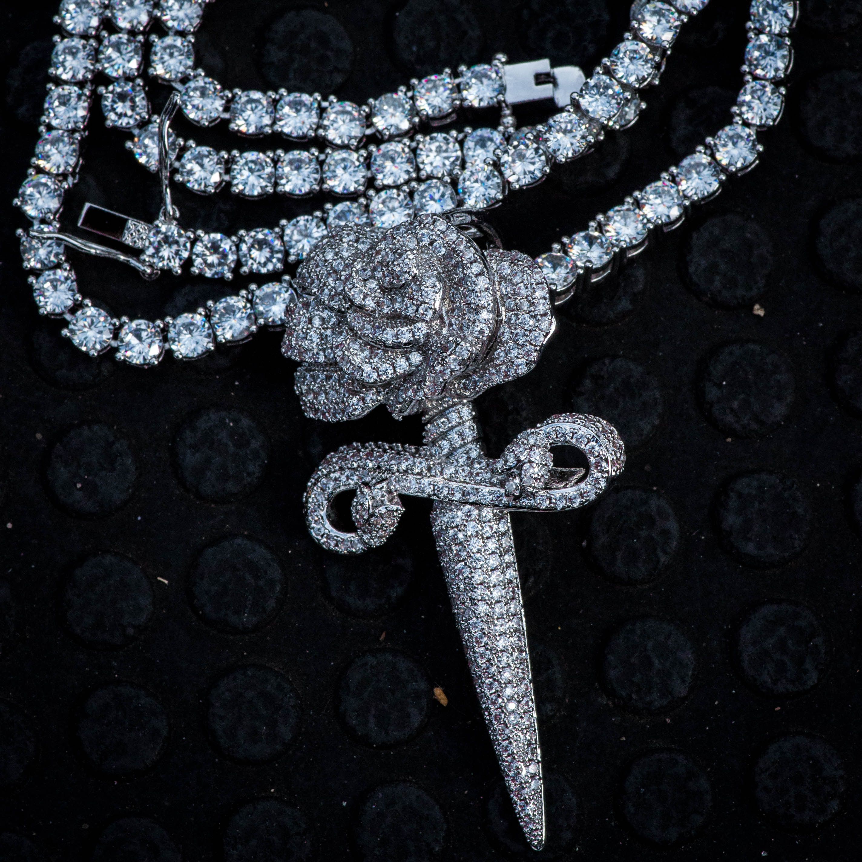 Other 18k White Gold Diamond Rose Dagger Sword w/ Tennis Chain Size ONE SIZE - 1 Thumbnail