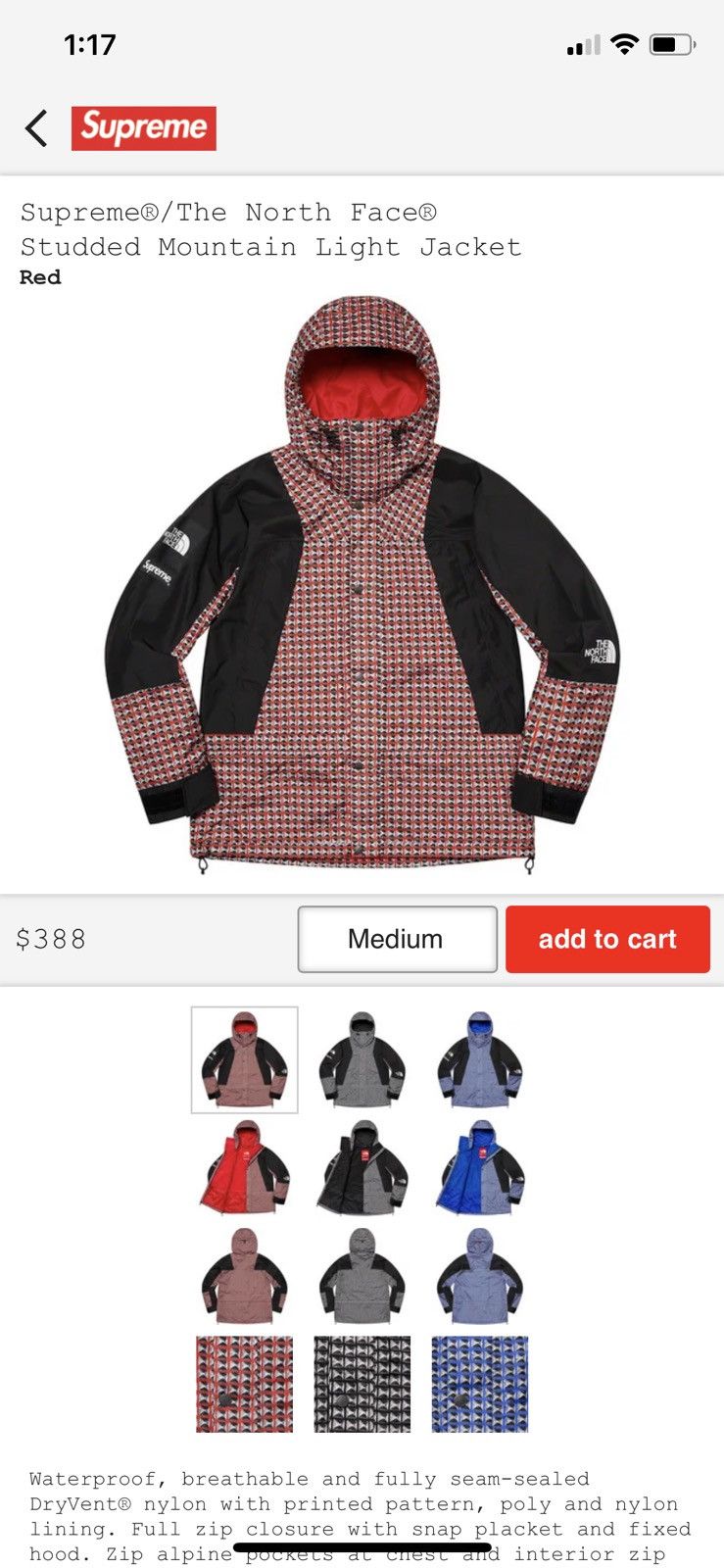 Supreme IN HAND Supreme North Face Studded Mountain Light Jacket