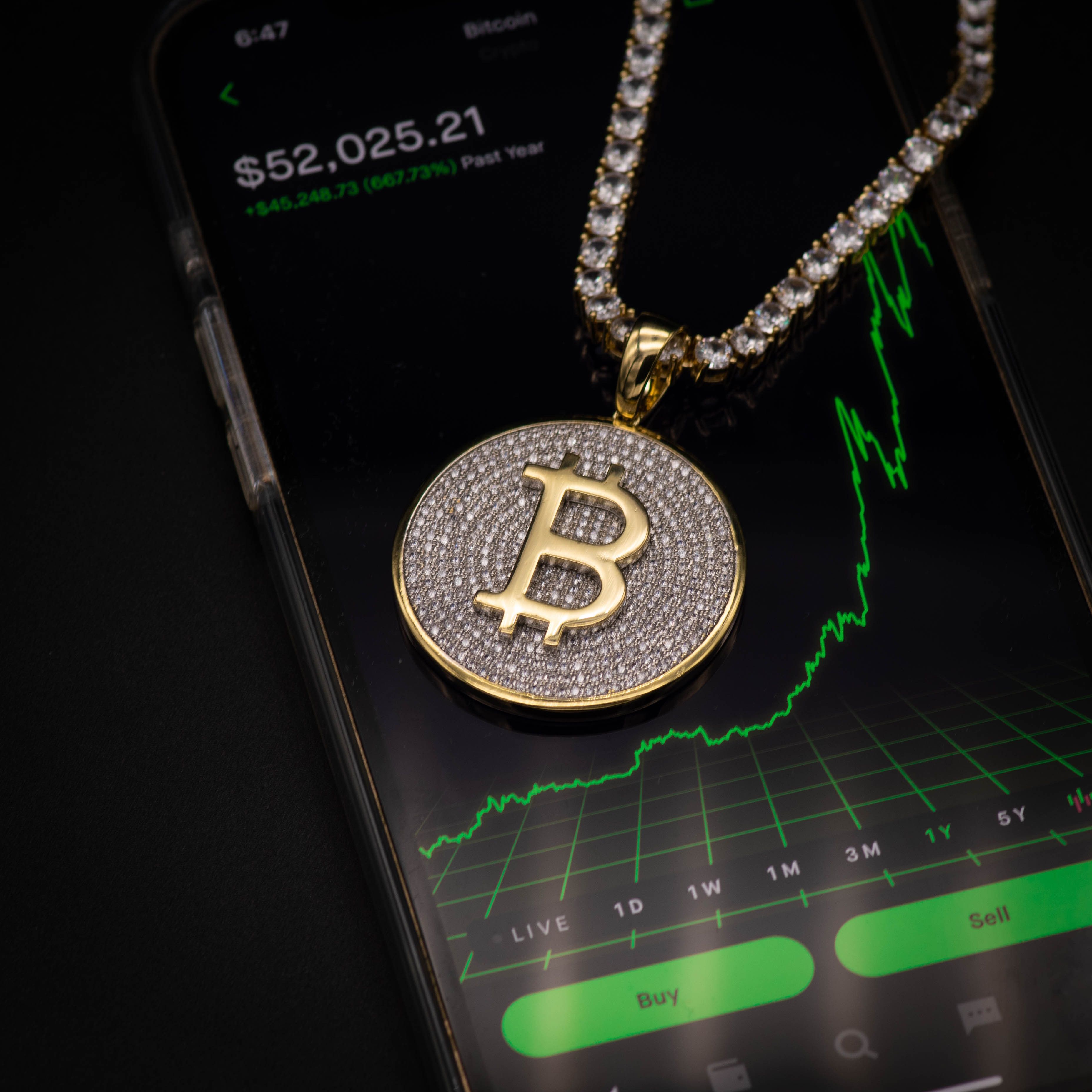 18k Yellow Gold Iced Out Diamond Bitcoin Necklace Chain