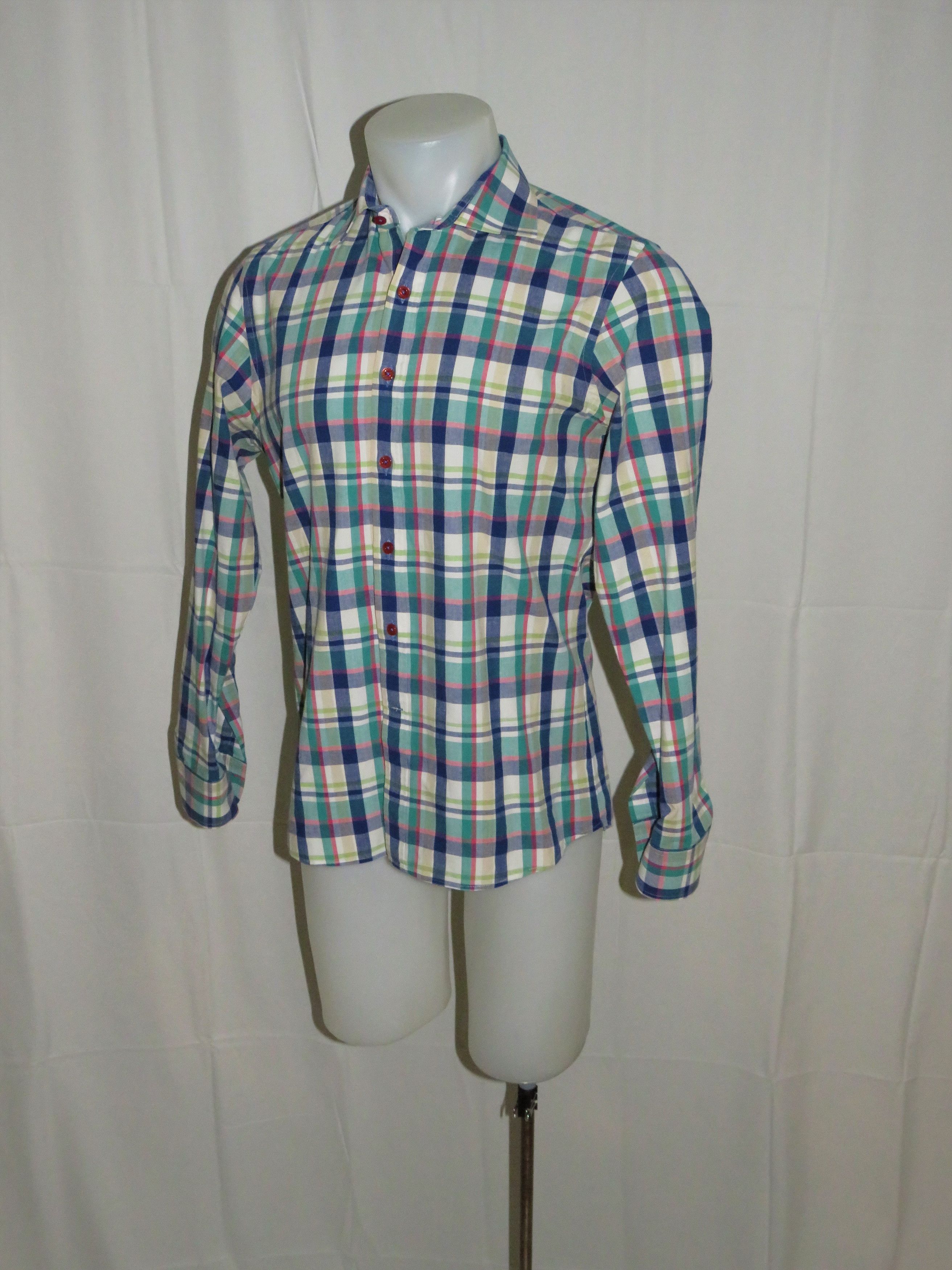 Blue Green Plaid Spread Collar Dress Shirt Size M Shirts Button Ups
