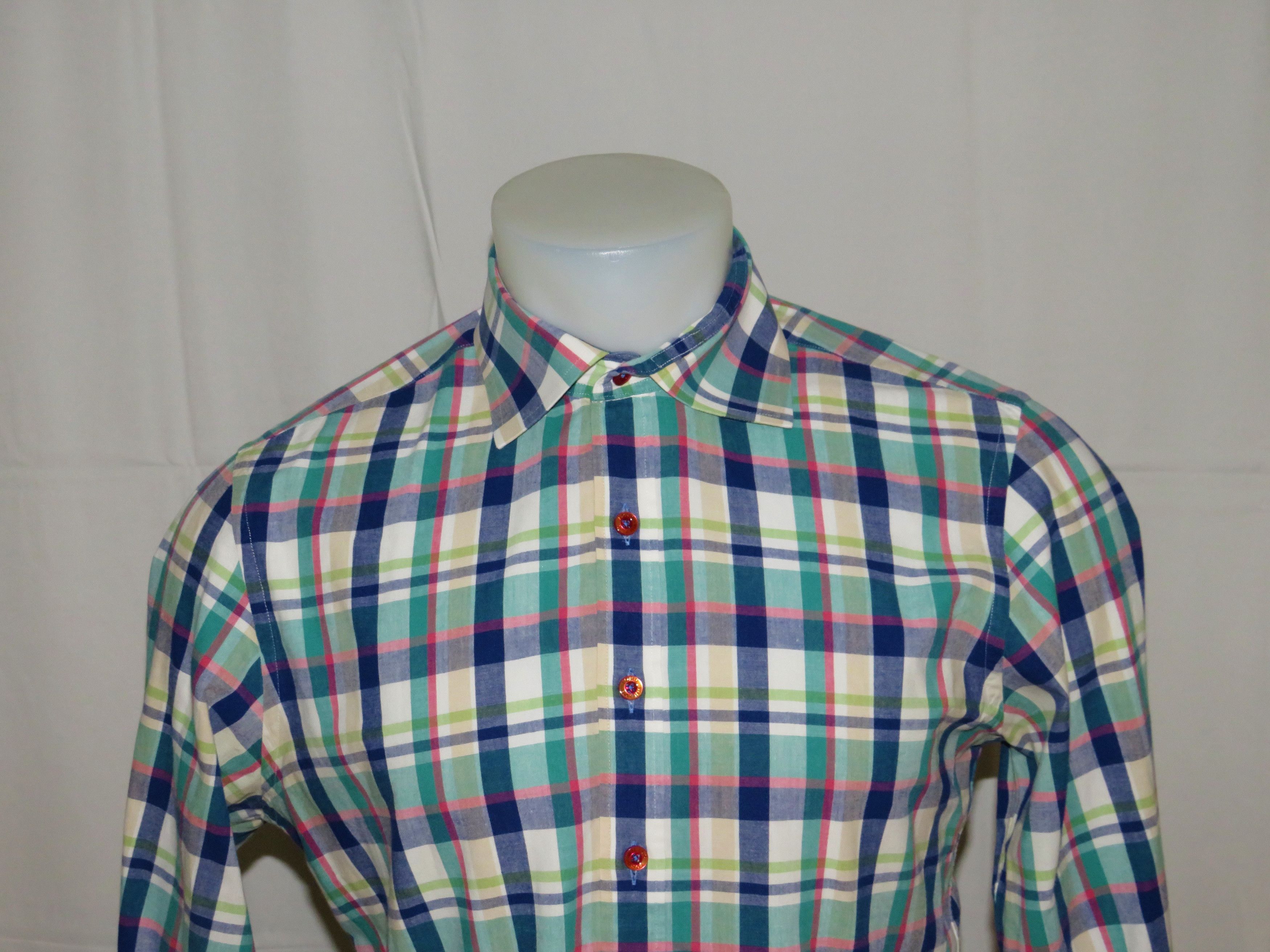 Blue Green Plaid Spread Collar Dress Shirt Size M Shirts Button Ups