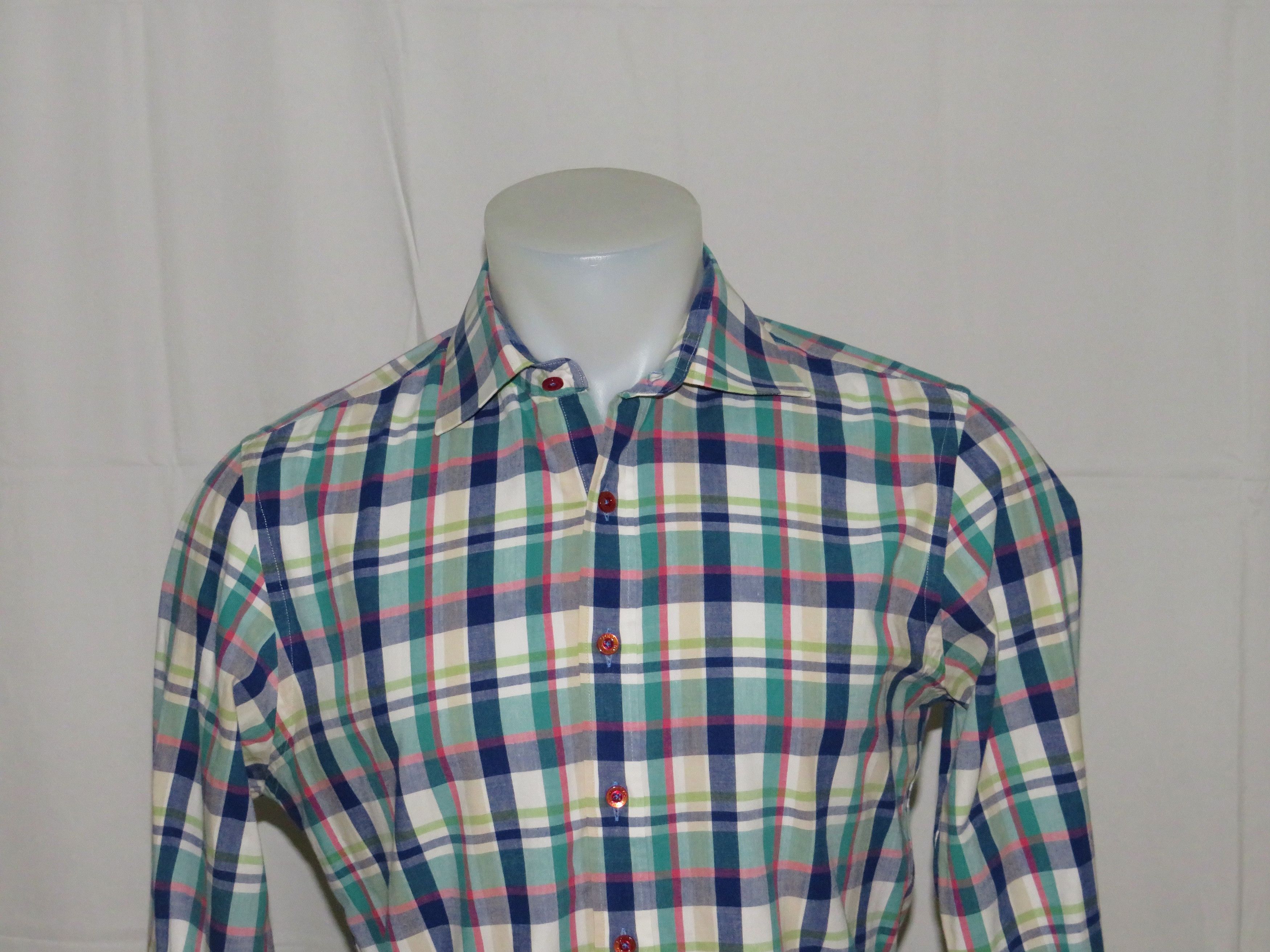 Blue Green Plaid Spread Collar Dress Shirt Size M Shirts Button Ups