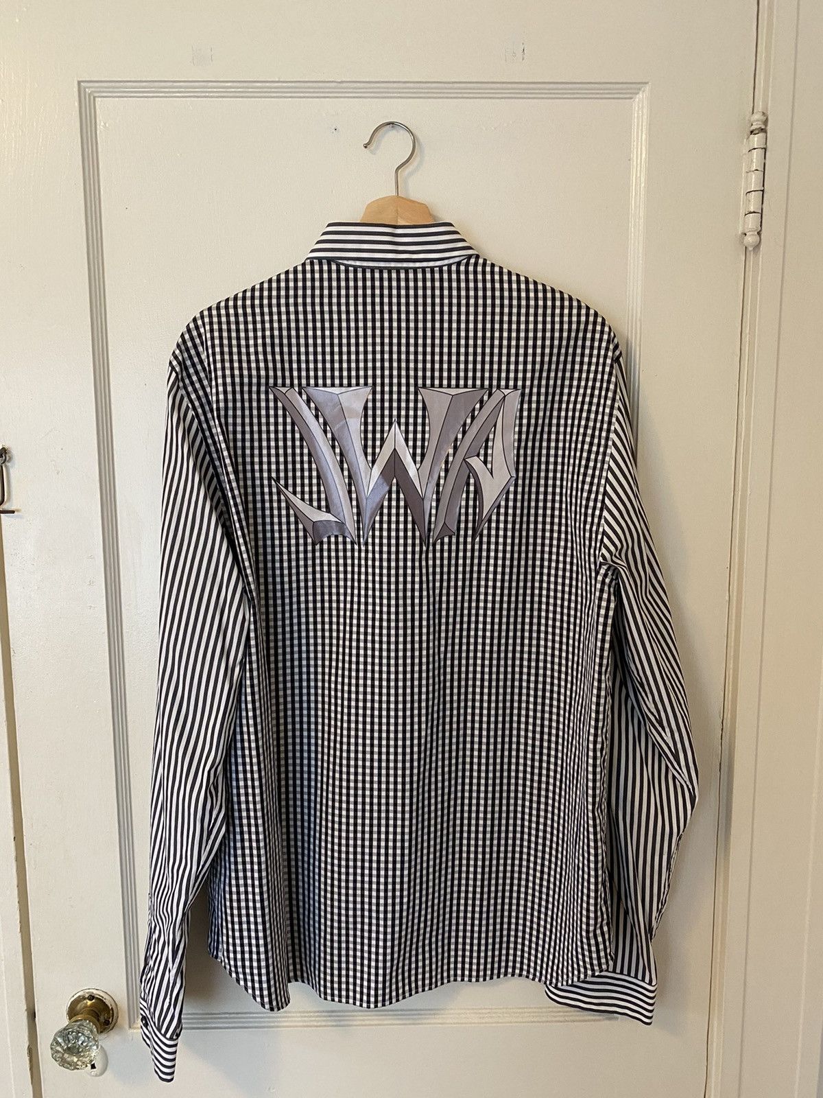 image of J W Anderson Jw Anderson Logo Print Gingham Striped Shirt in Black/White, Men's (Size Large)