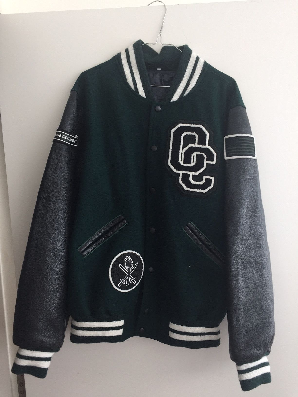 Opening Ceremony Limited Edition Leather Varsity Jacket Green outlet Black XS Unisex