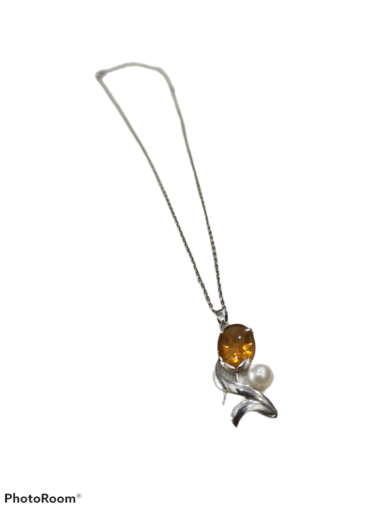 Jewelry AMBER AND PEARL PENDANT 14K WHITE GOLD PLATINUM NECKLACE Size ONE SIZE - 2 Thumbnail