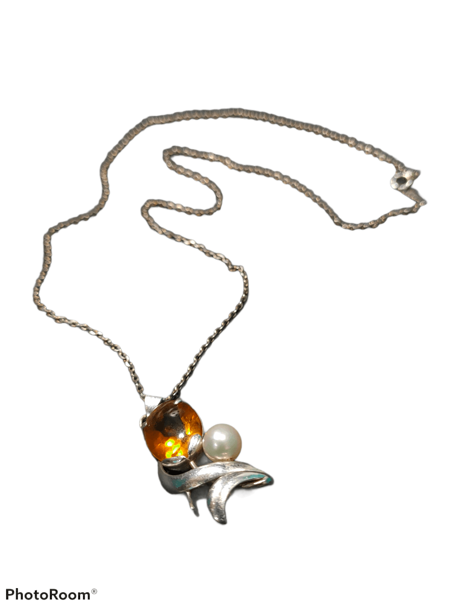 Jewelry AMBER AND PEARL PENDANT 14K WHITE GOLD PLATINUM NECKLACE Size ONE SIZE - 1 Thumbnail