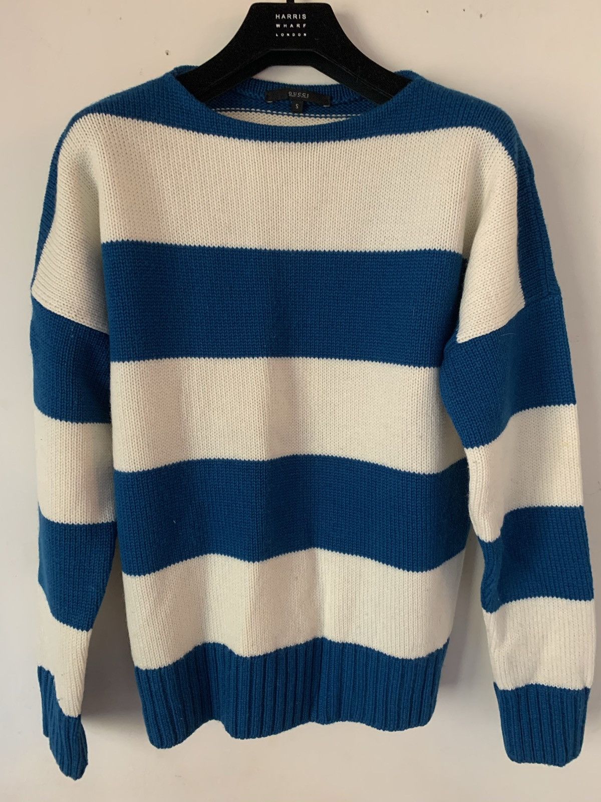 White & blue heavy wool boatneck jumper