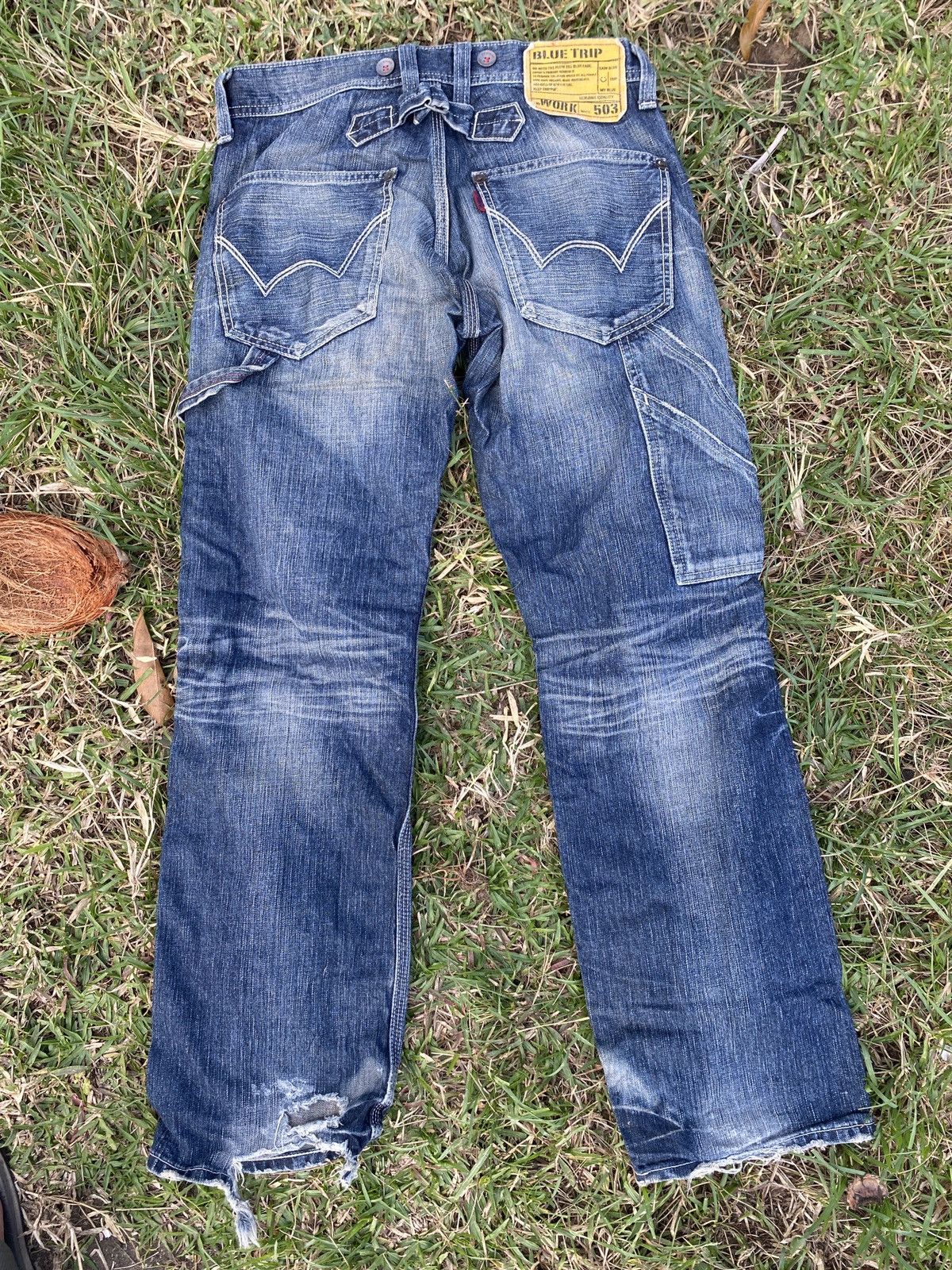 Edwin × Japanese Brand × Vintage Edwin Blue Trip Distressed Denim Jeans Size US 33 - 2 Thumbnail