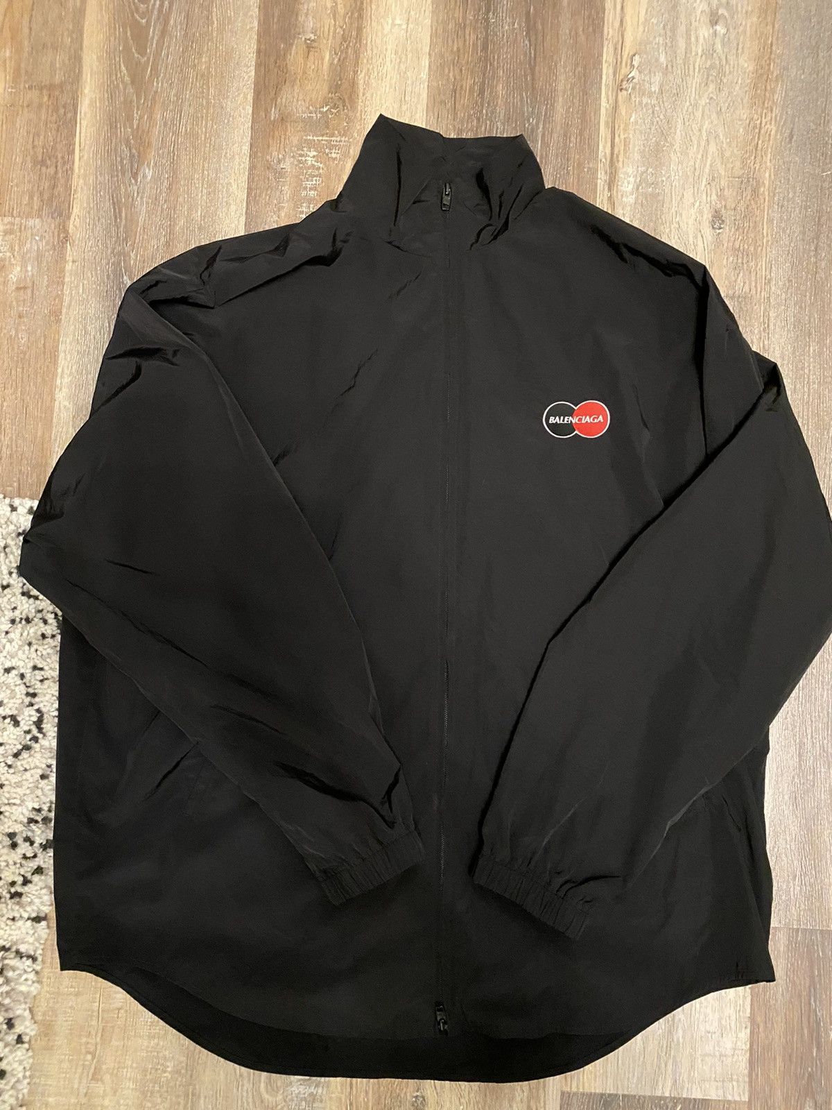 image of Balenciaga Mastercard Credit Card Logo Windbreaker Jacket in Black, Men's (Size Medium)