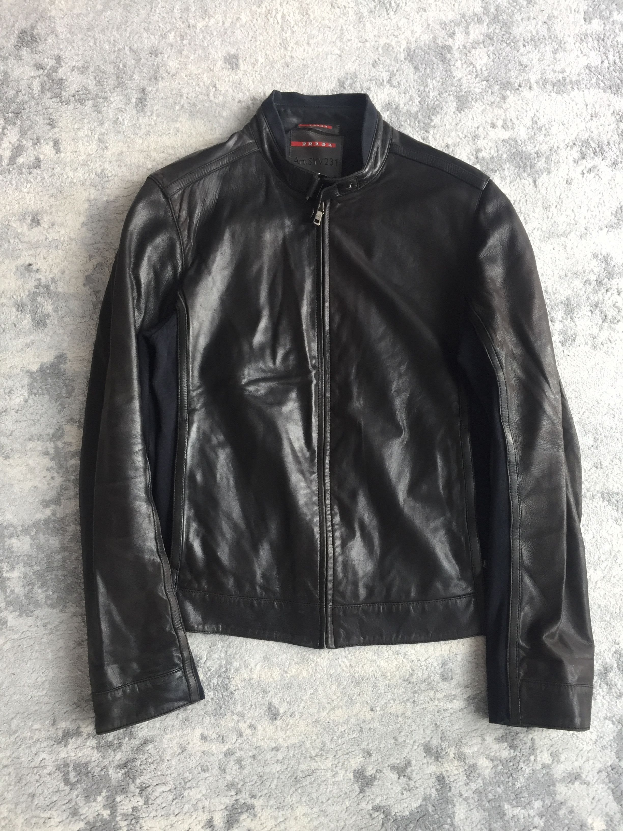 ジャケット・アウター OLD PRADA LEATHER JACKAT Prada Authentic Vintage 90s Rounded Collar Leather Jacket w