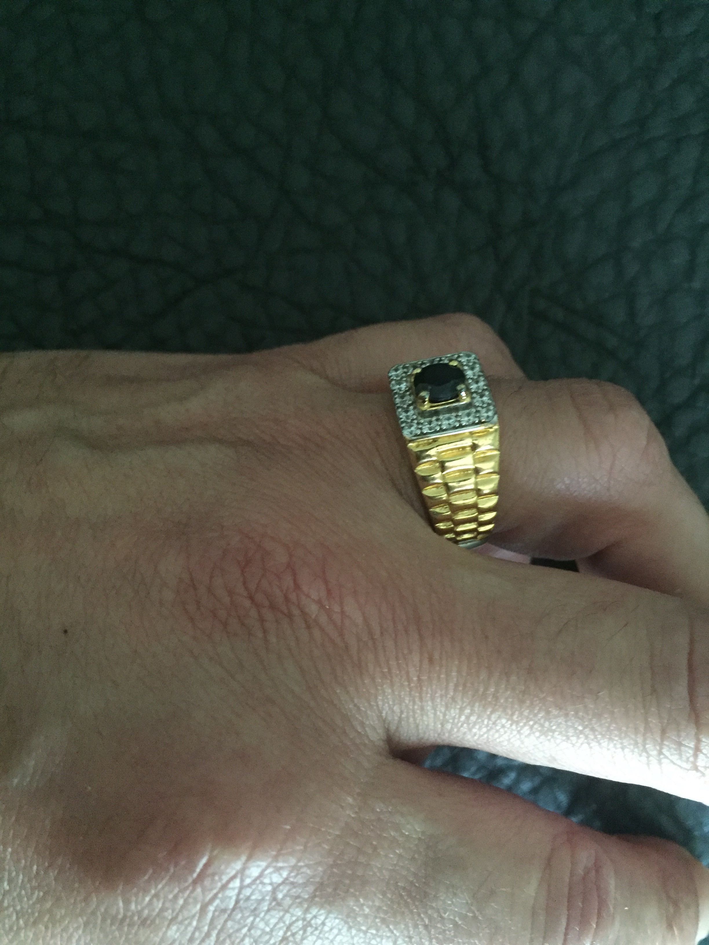 VINTAGE 1980'S STERLING SILVER GOLD PLATE BLUE TOPAZ CZ WATCHBAND STYLE MENS RING SZ.9
