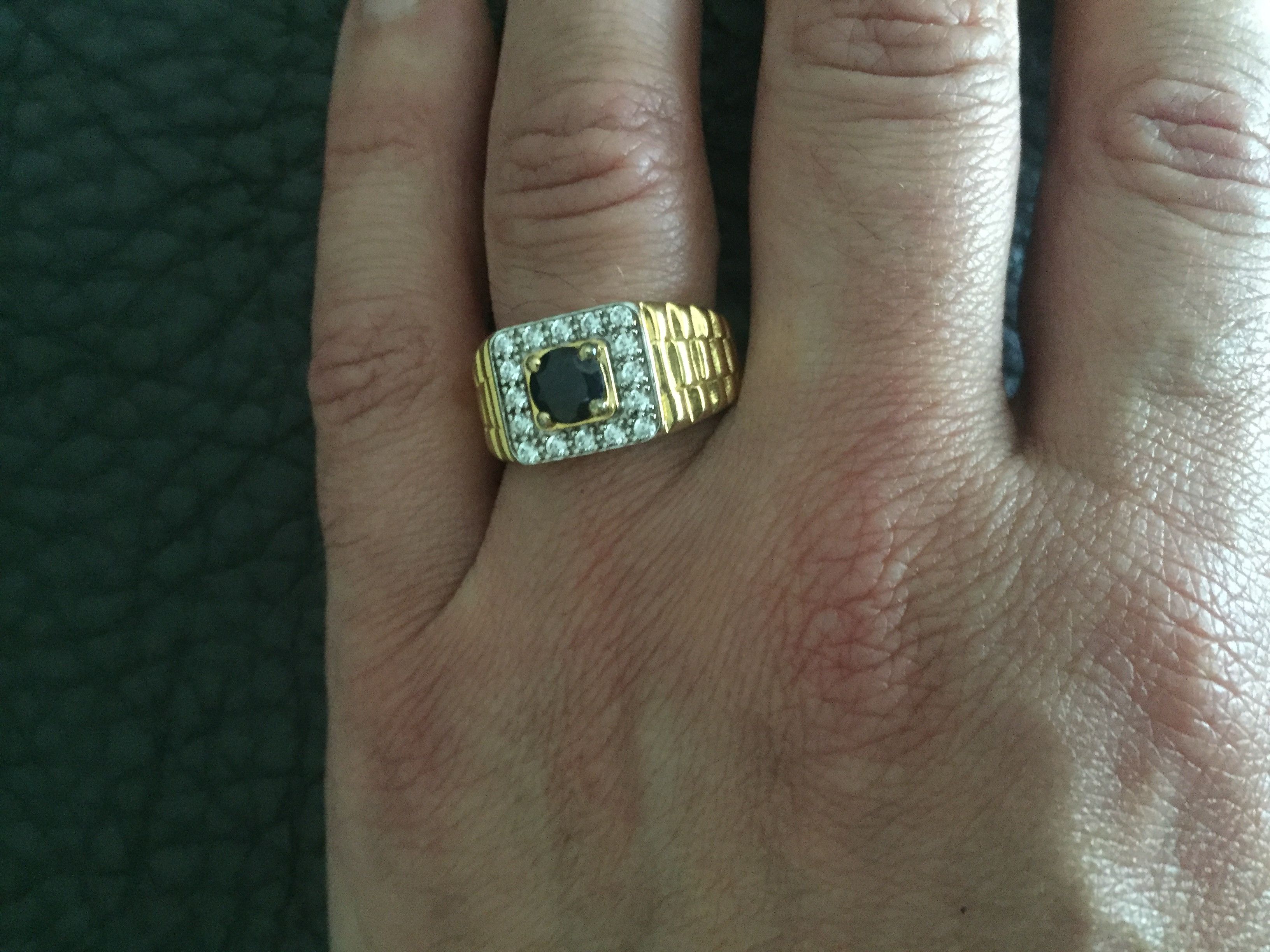 VINTAGE 1980'S STERLING SILVER GOLD PLATE BLUE TOPAZ CZ WATCHBAND STYLE MENS RING SZ.9