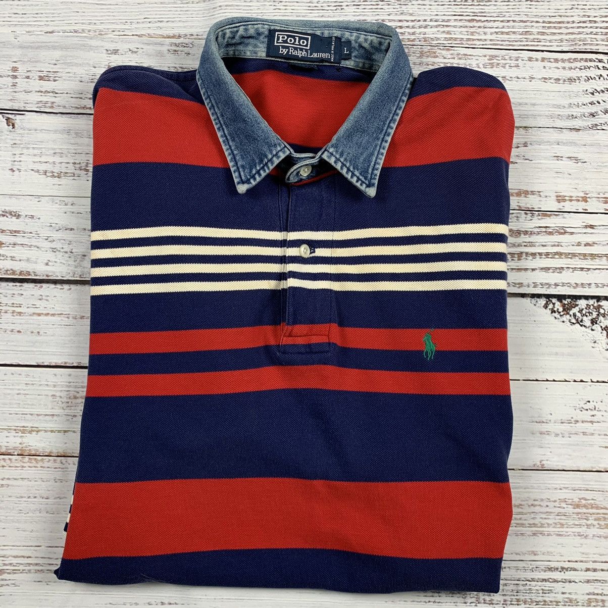 Popular Vtg Polo Ralph Lauren Rugby Shirt Mens XL Blue Striped Long Sleeve Denim Collar