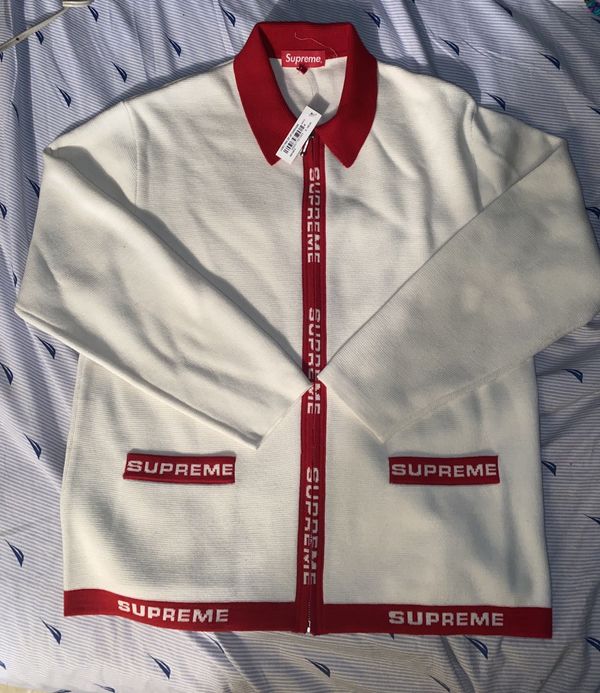 Supreme Supreme logo trim zip up cardigan sweater | Grailed