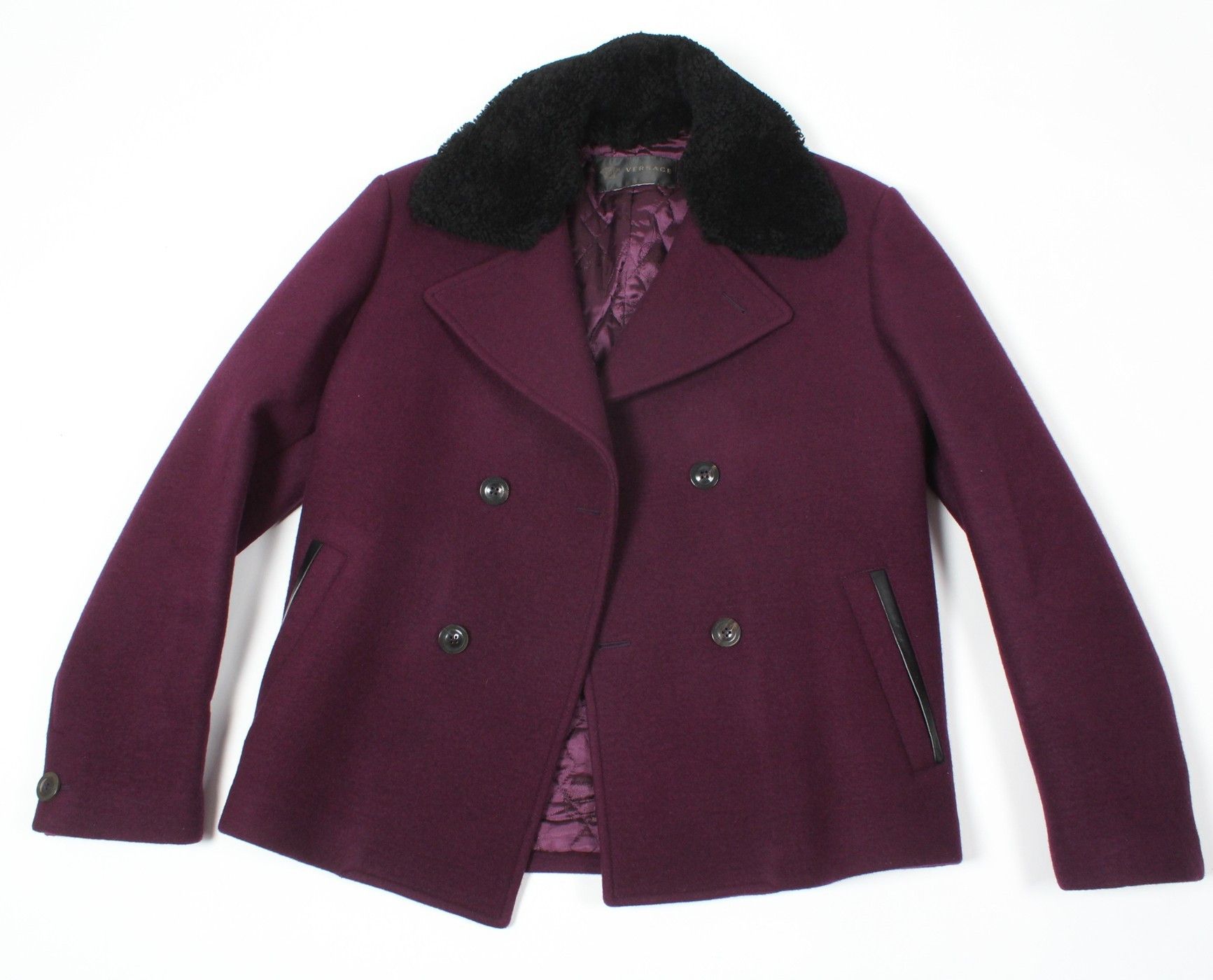 Versace PURPLE WOOL COAT WITH SHEARLING COLLAR Size US M / EU 48-50 / 2 - 1 Thumbnail