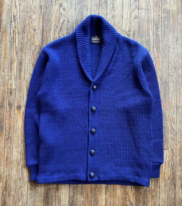 Vintage 70s Campus Shawl Collar Blue Knit Button Up Sweater | Grailed