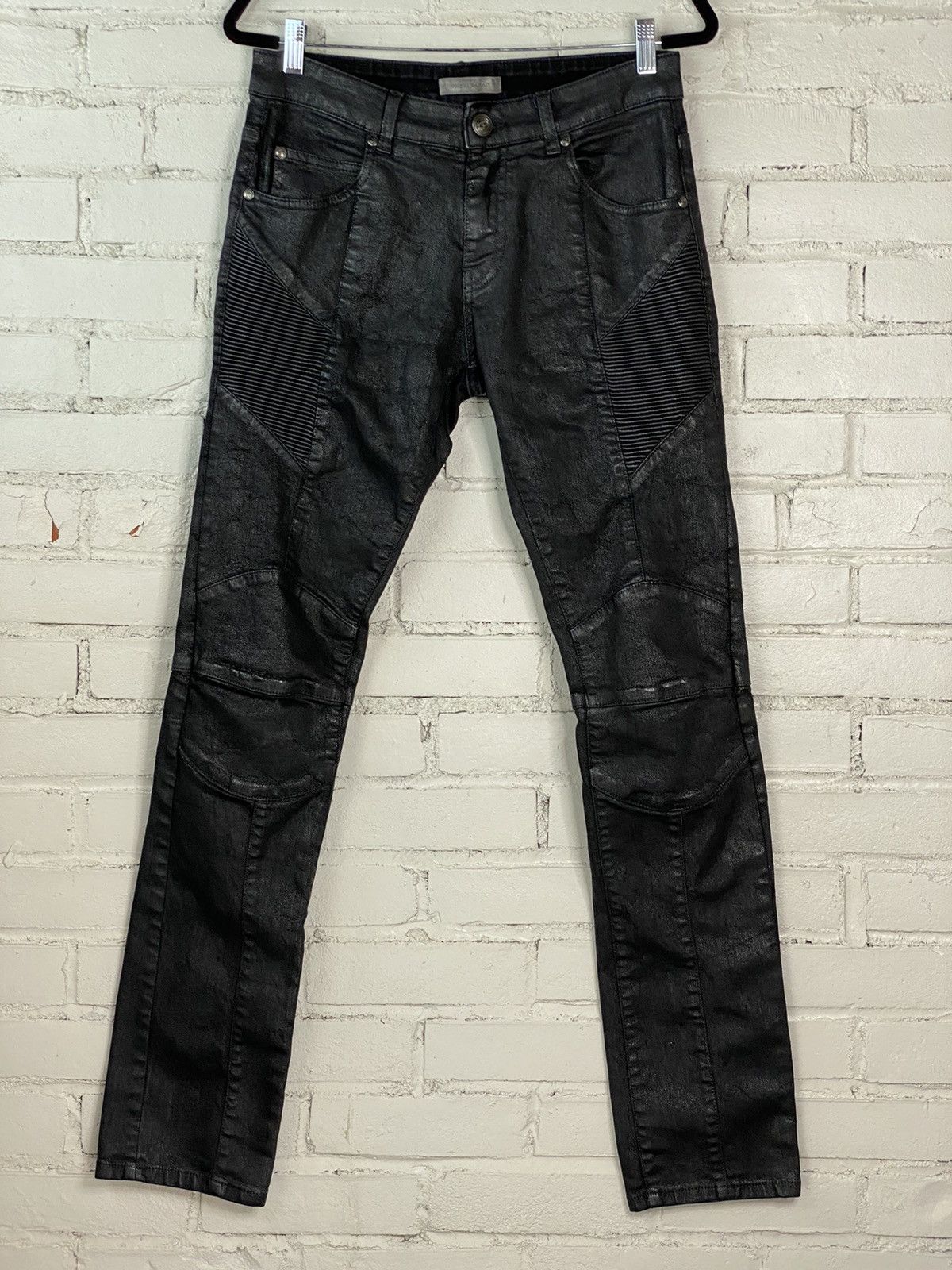 image of Pierre Balmain Balmain Waxed Black Biker Denim Pants, Men's (Size 31)