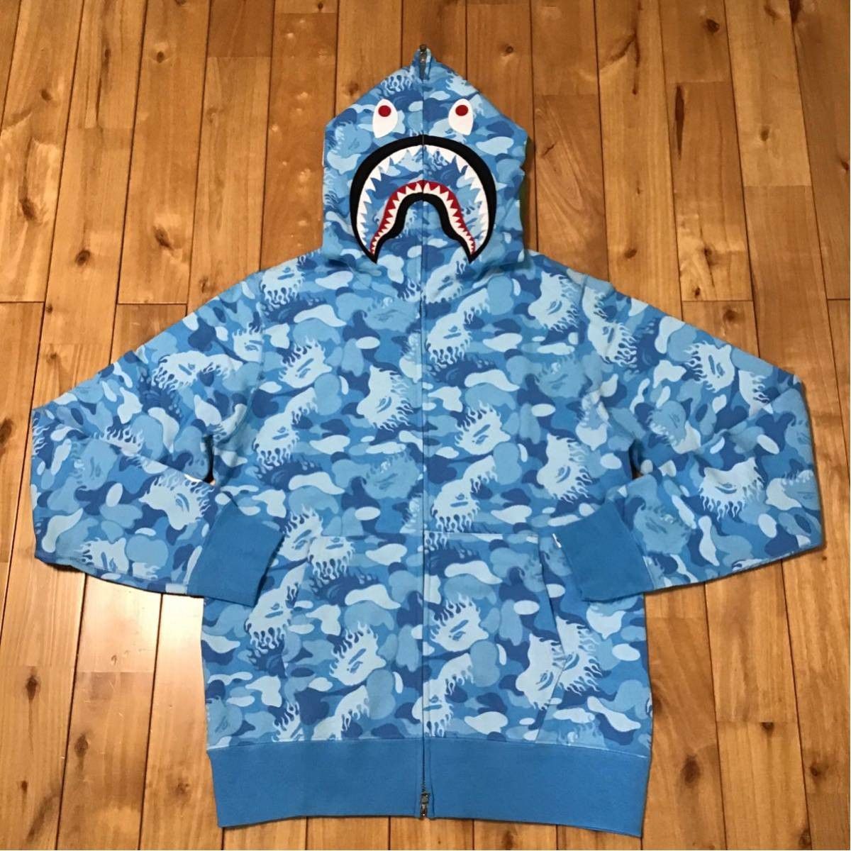 Bape BAPE Fire Camo Shark full zip Hoodie Light Blue Grailed