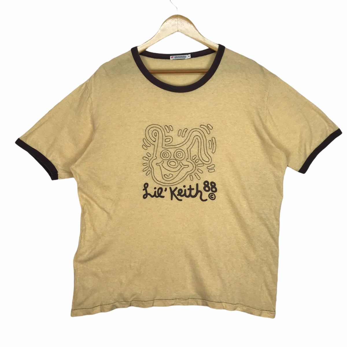 Uniqlo Vtg KEITH HARING Lil Keith 88 Big Logo Spell Out Beige Tee | Grailed
