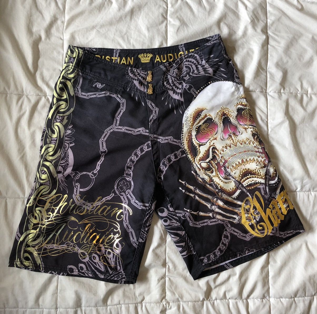 Christian Audigier Vintage Christian Audigier Rhinestone All Over Print Swim shorts Grailed