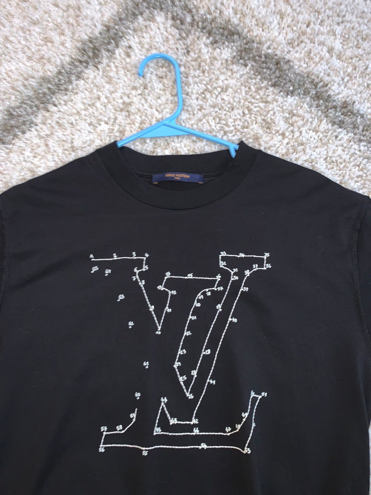 LOUIS VUITTON white and blue LV stitch print and embroided T-shirt
