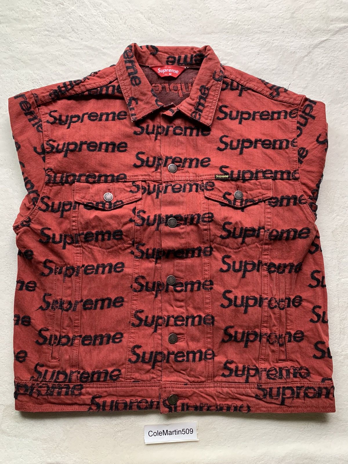 Supreme Frayed Logos Denim Trucker Jacket- Red